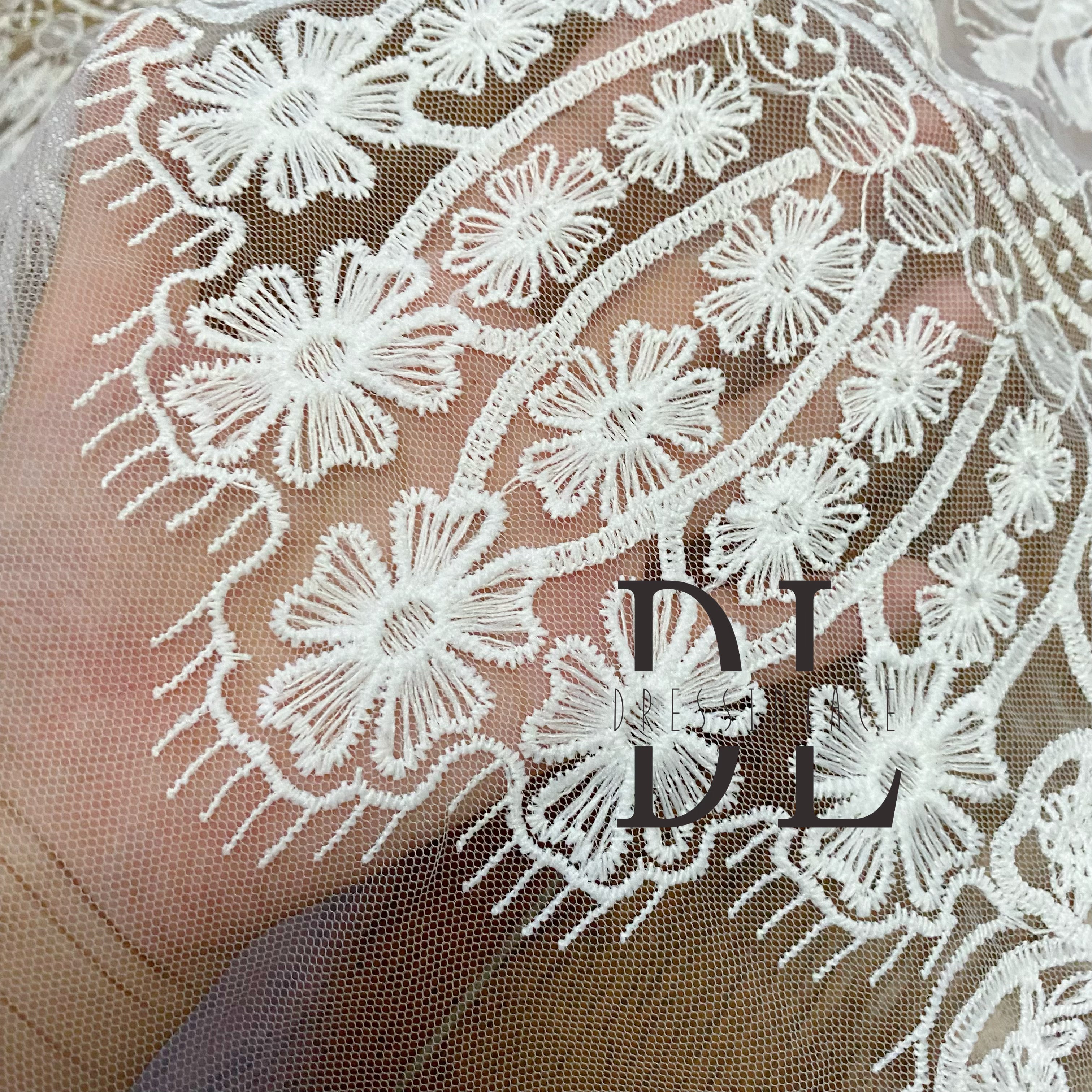 DL130139 Exquisite Classical Embroidered Lace Fabric with Wave Edge - Polyester Material For wedding dress