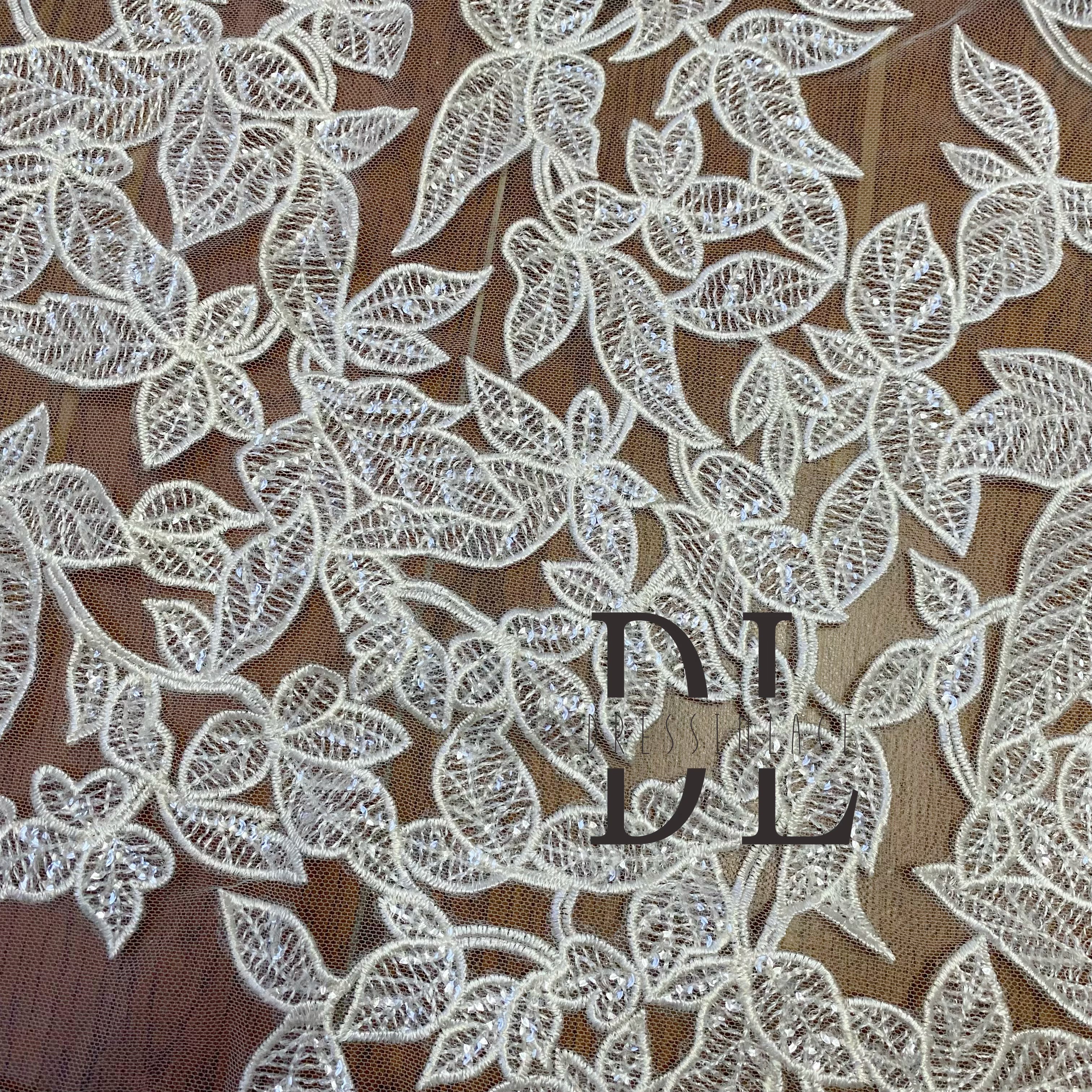 DL130138 Premium Quality Lace Fabrics With shiny sequins on leaves for bride Wedding Dresses