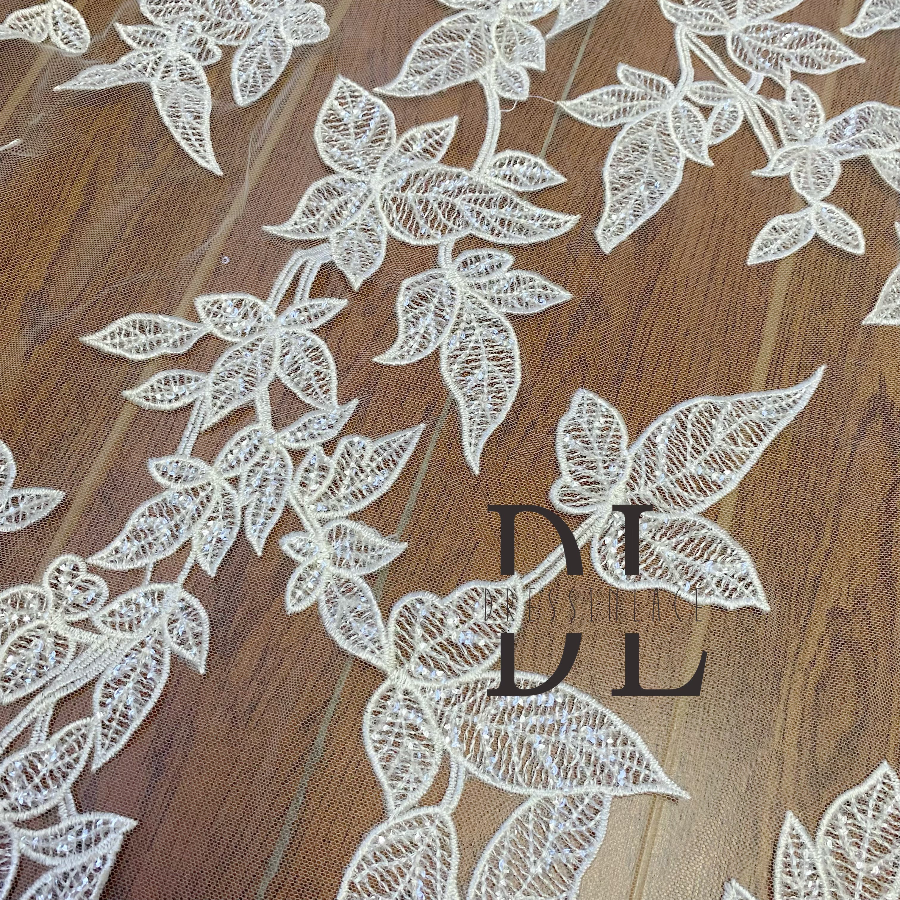 DL130138 Premium Quality Lace Fabrics With shiny sequins on leaves for bride Wedding Dresses