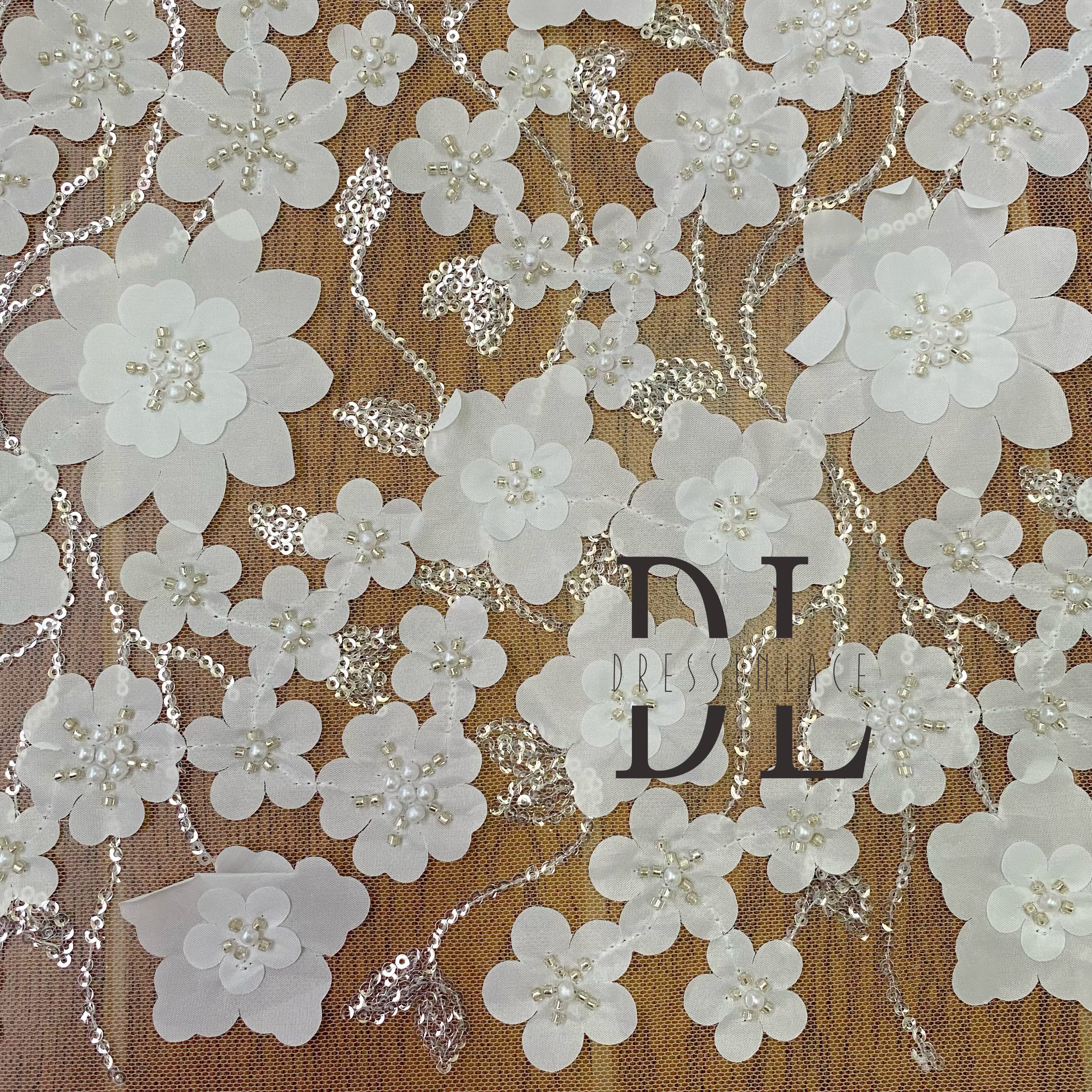 DL130134 Fashion High-quality 3D satin flowers lace fabric perfect with beads for DIY Bridal Dresses