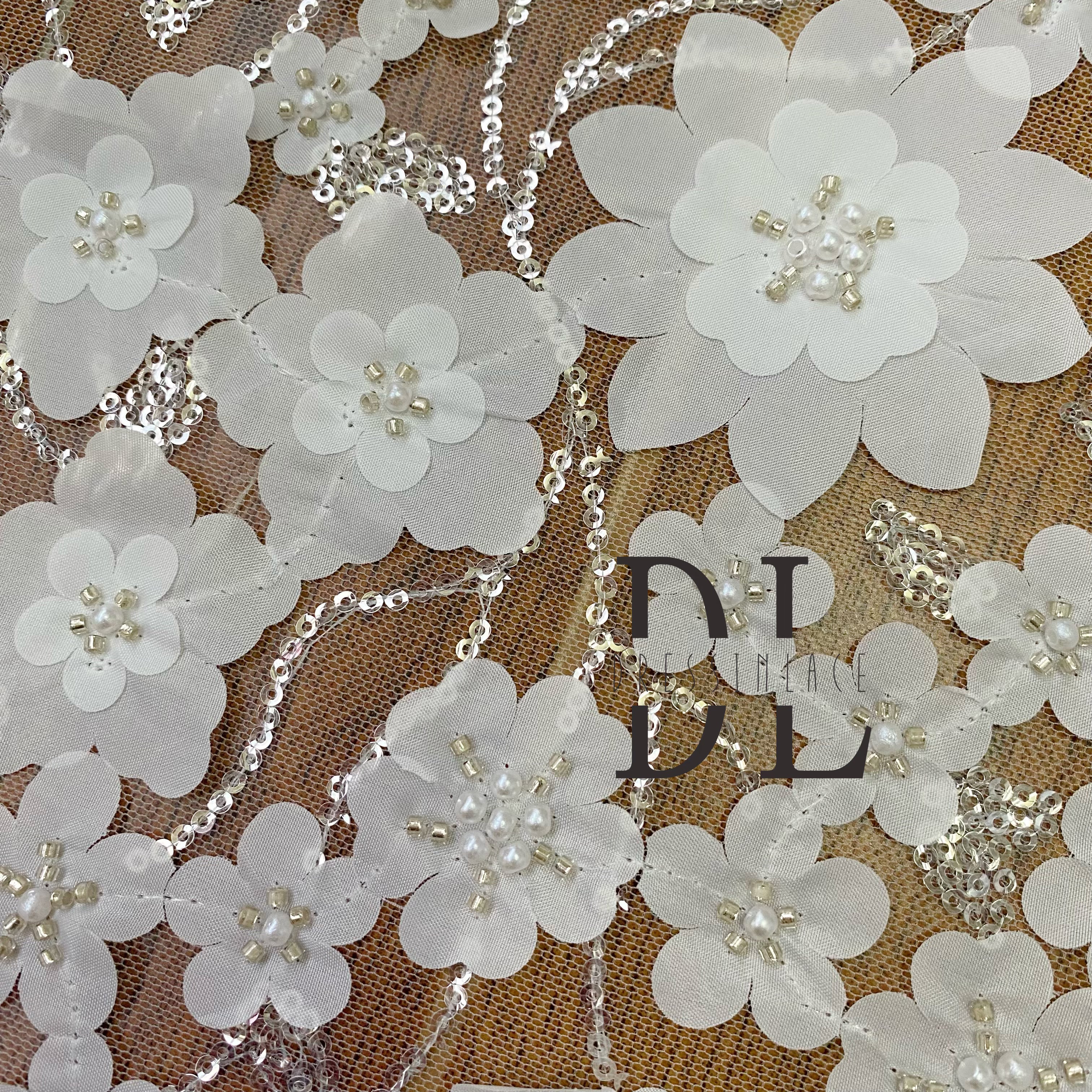 DL130134 Fashion High-quality 3D satin flowers lace fabric perfect with beads for DIY Bridal Dresses