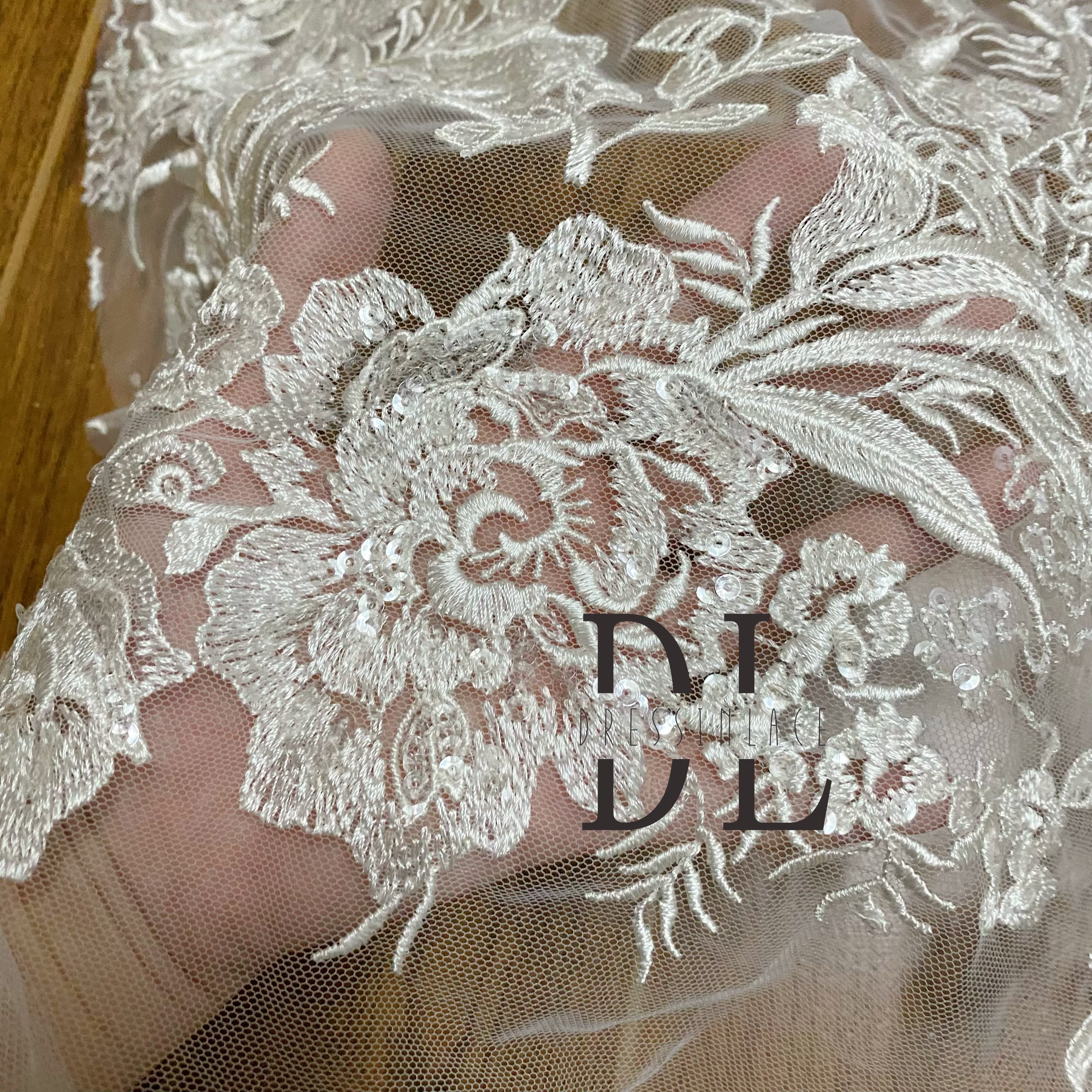 DL130156 Beautiful Embroidery Lace Fabric with Sparkling Sequins For elegant wedding attire