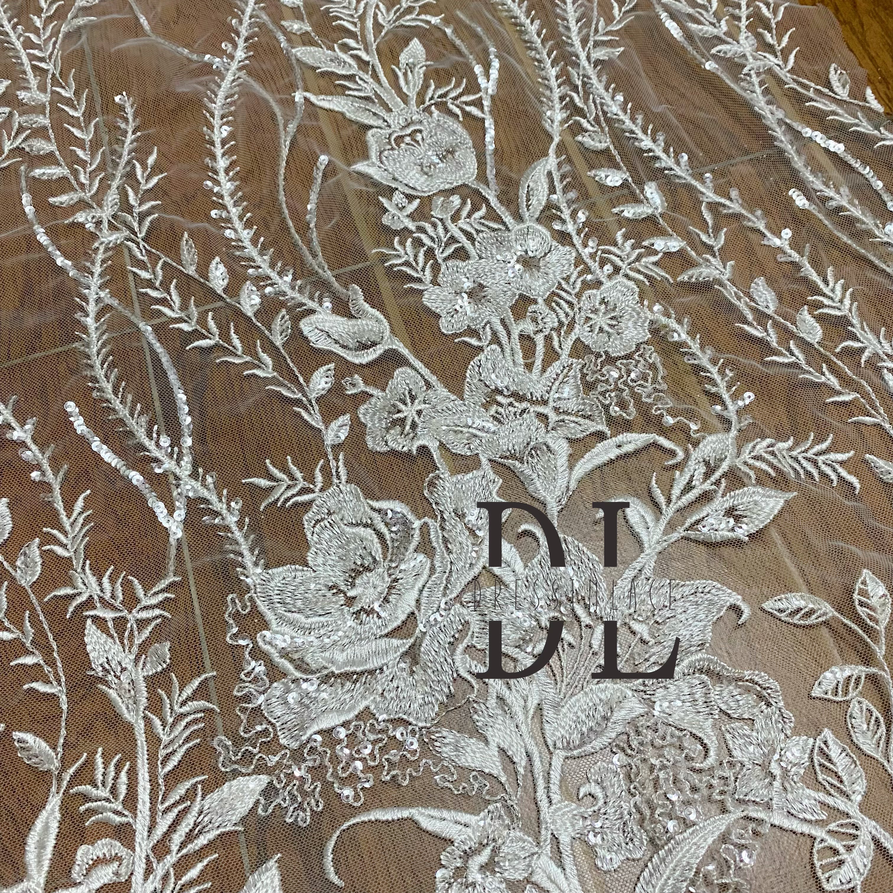 DL130156 Beautiful Embroidery Lace Fabric with Sparkling Sequins For elegant wedding attire