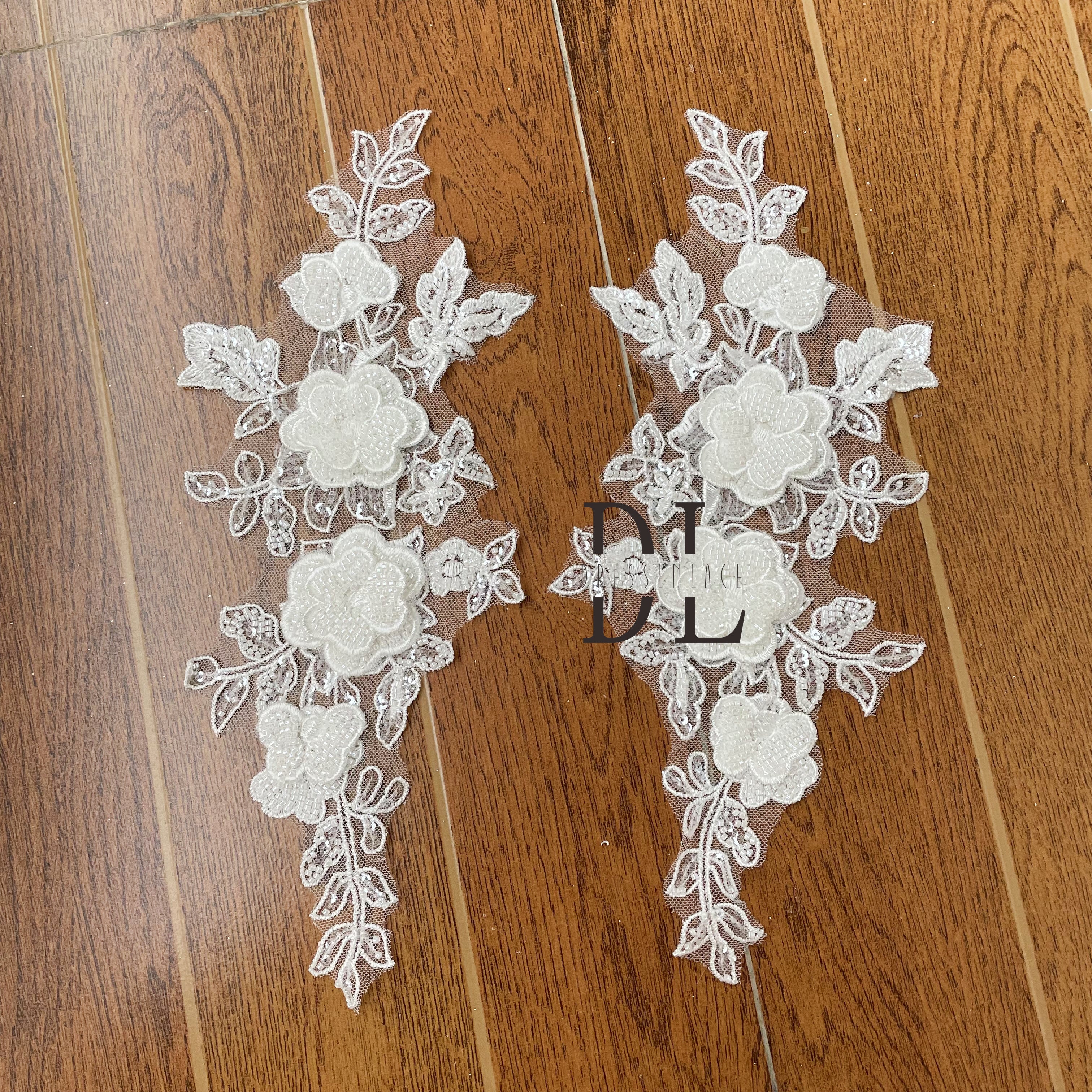 DLM2254 3D stereo flower beaded embroidery lace appliques for bride gowns