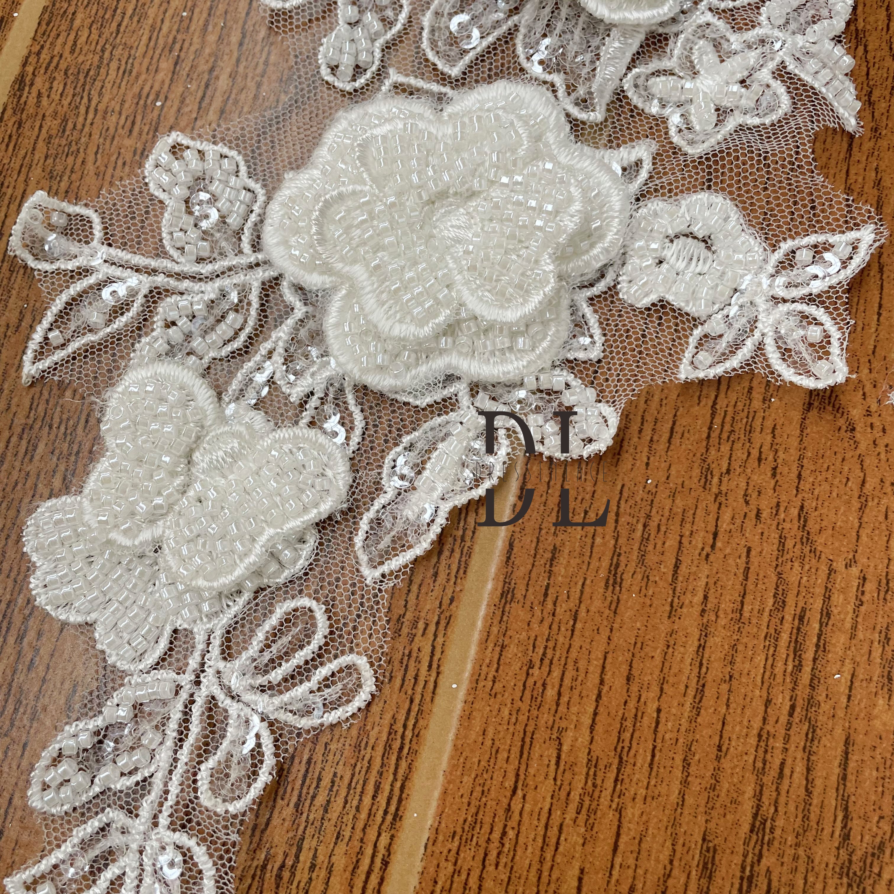 DLM2254 3D stereo flower beaded embroidery lace appliques for bride gowns