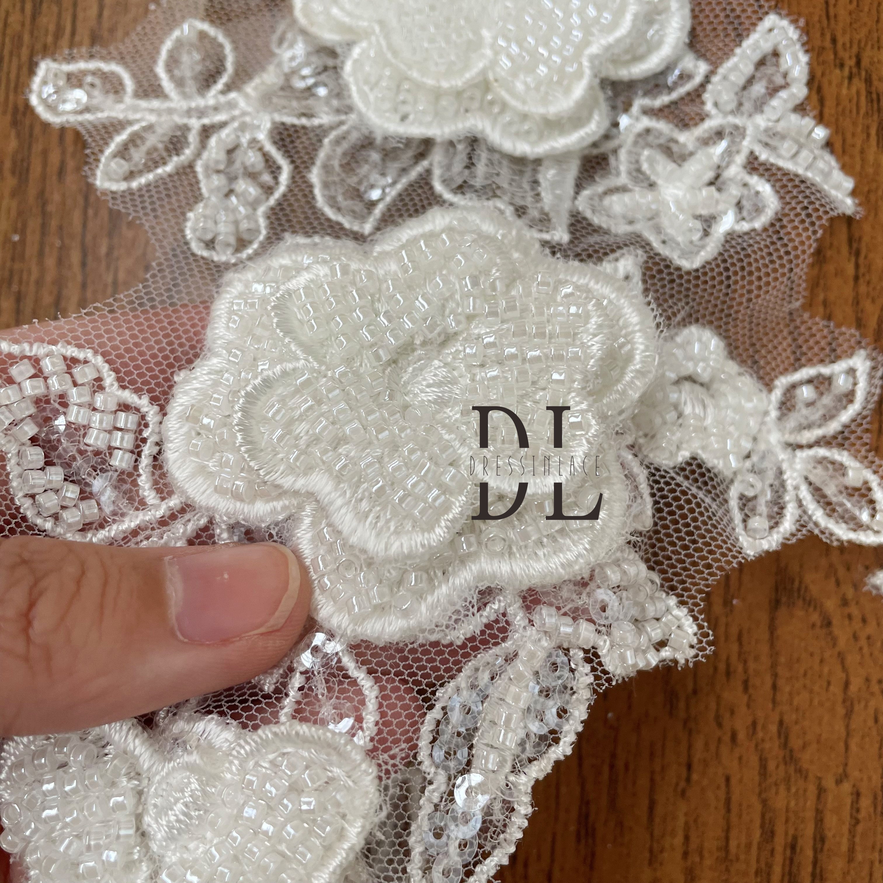 DLM2254 3D stereo flower beaded embroidery lace appliques for bride gowns