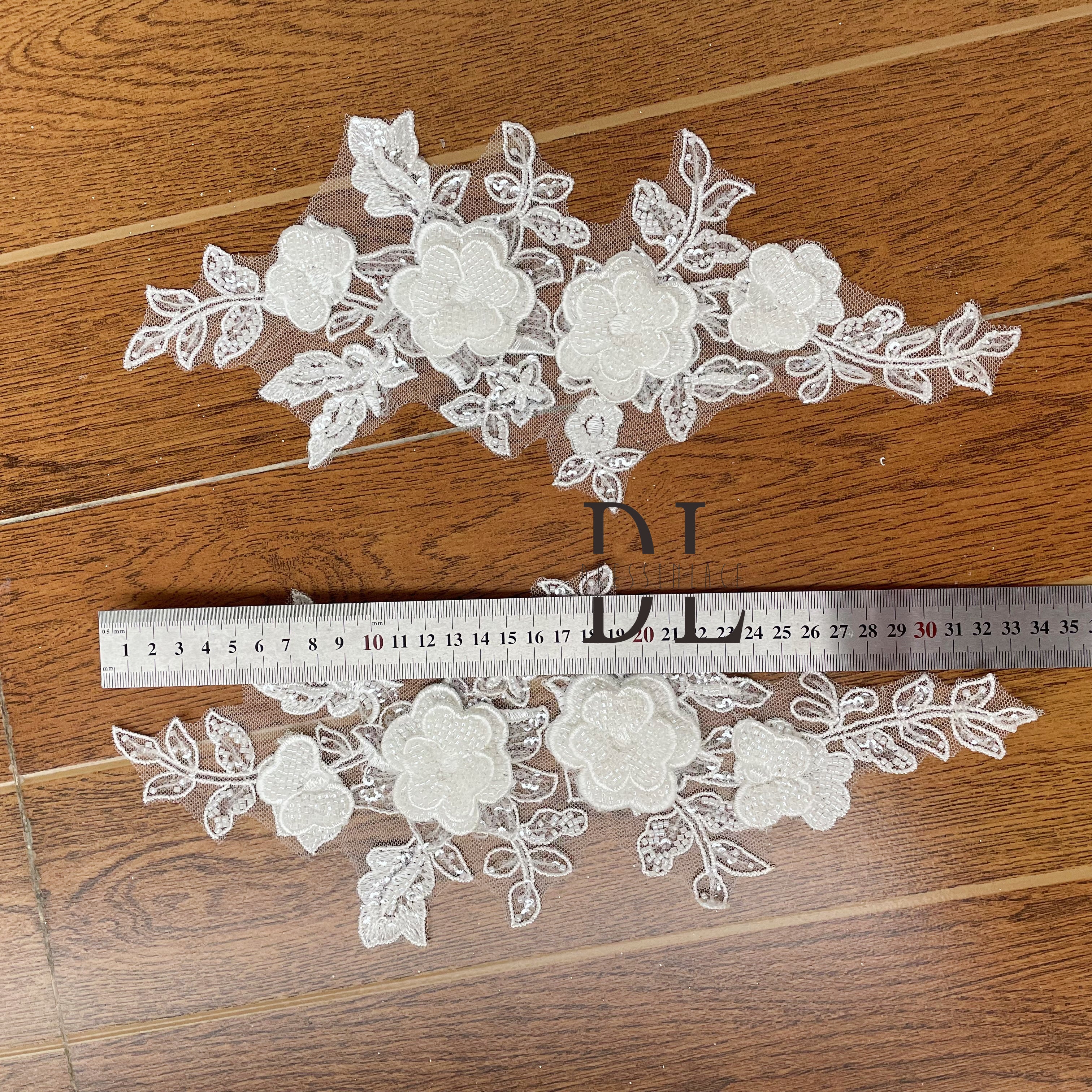 DLM2254 3D stereo flower beaded embroidery lace appliques for bride gowns