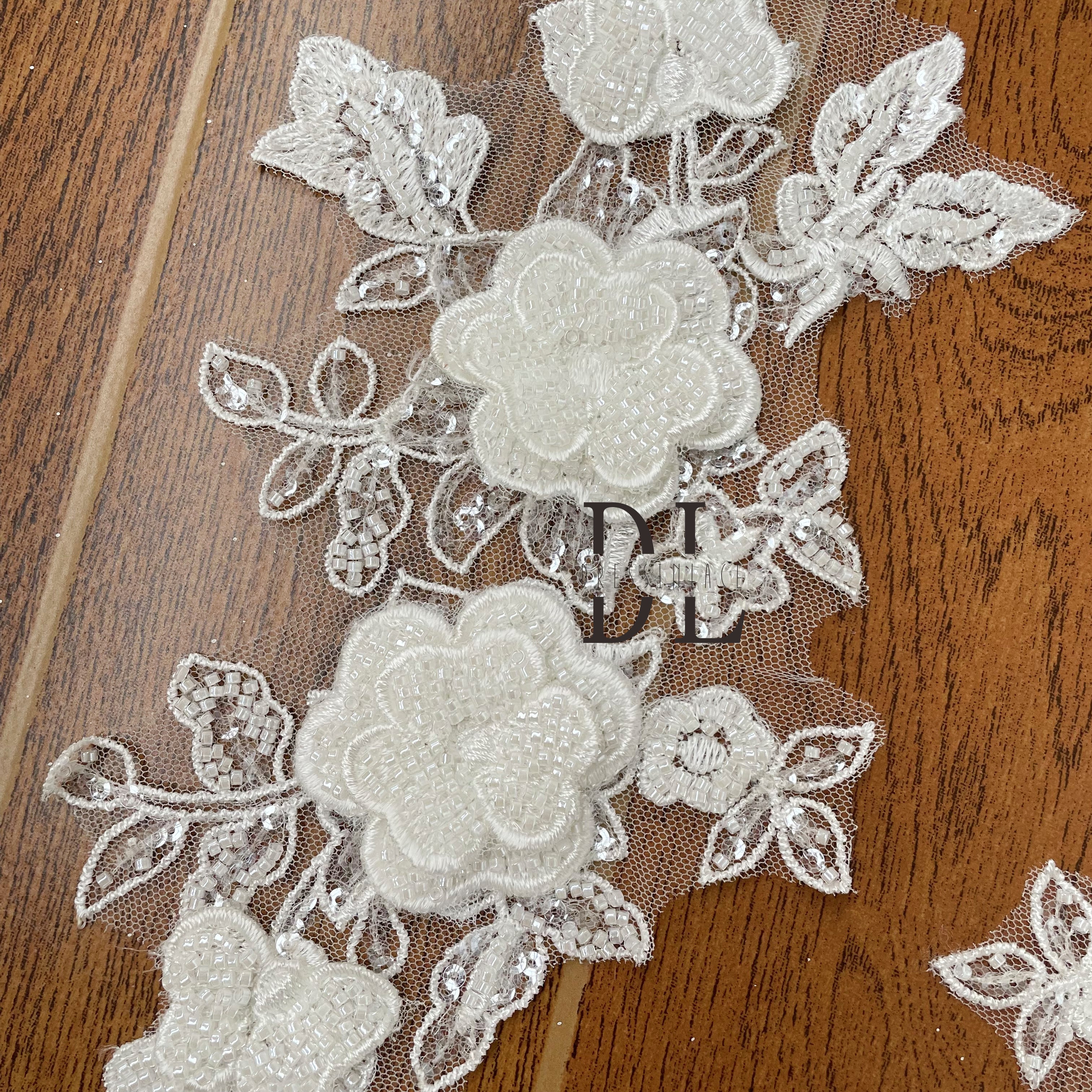 DLM2254 3D stereo flower beaded embroidery lace appliques for bride gowns