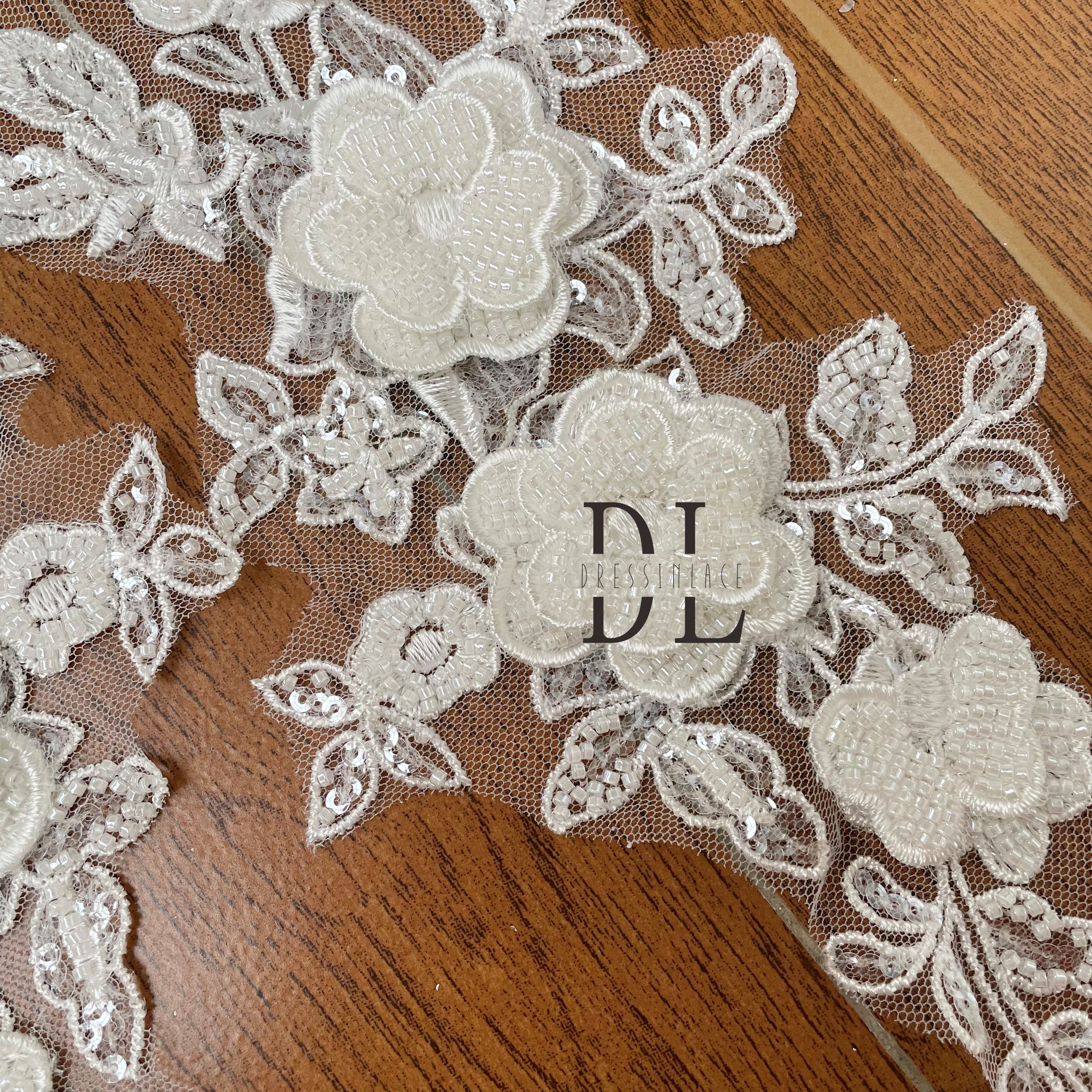 DLM2254 3D stereo flower beaded embroidery lace appliques for bride gowns