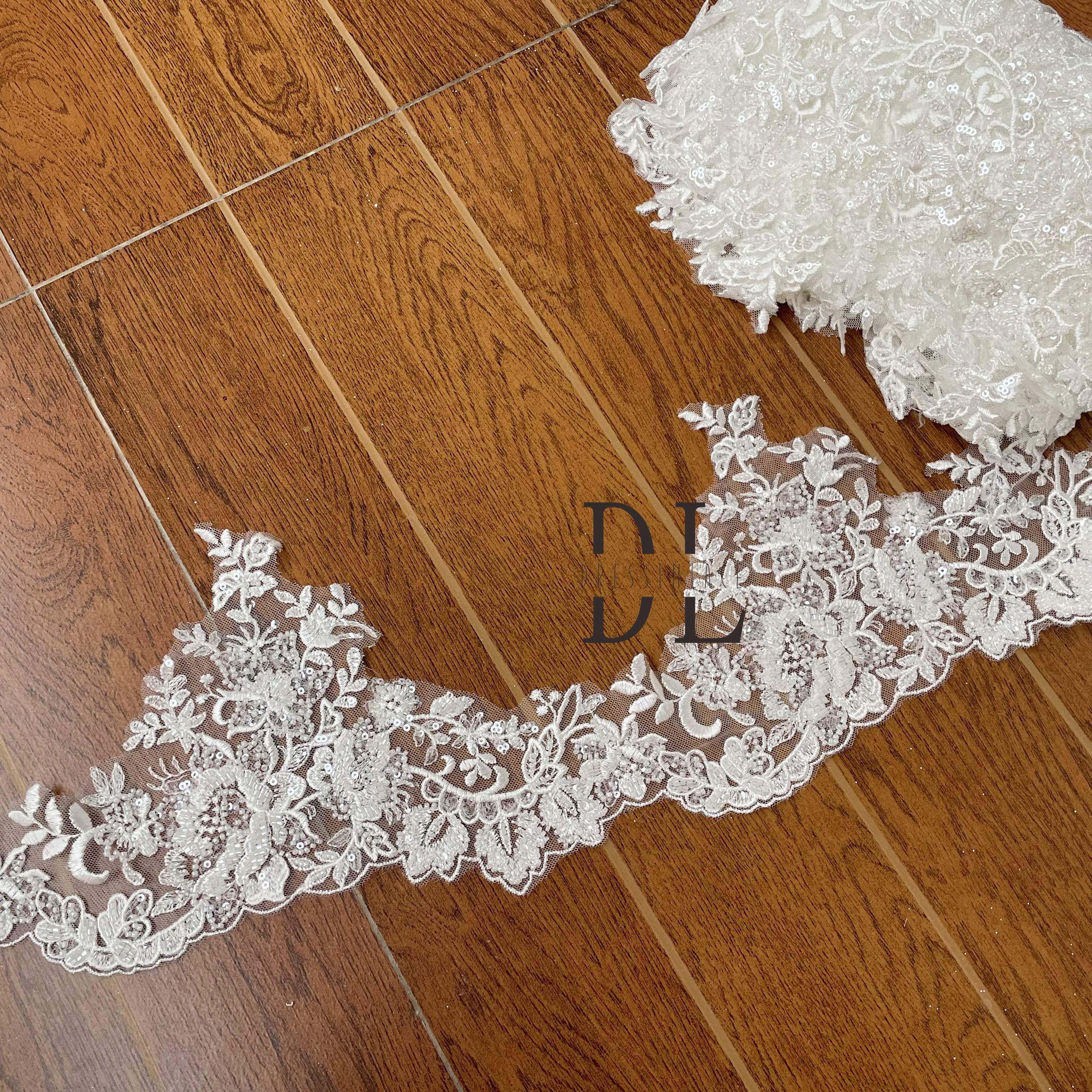 DLX17244 Adornos de encaje de 17 cm con borde bordado con cuentas y lentejuelas para vestidos de novia y fiesta de bodas 