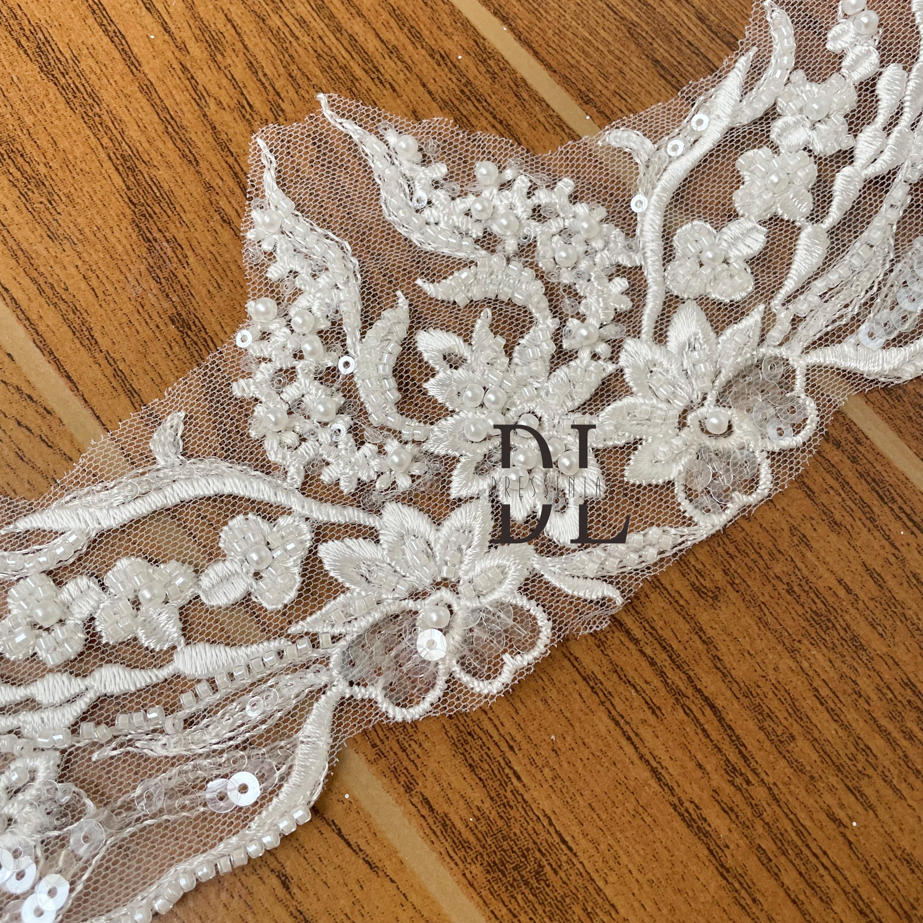 DLX10245 Embroidered Lace Trims Flowers Border 10CM With Pearl Beads and Sequins for Bride Veils