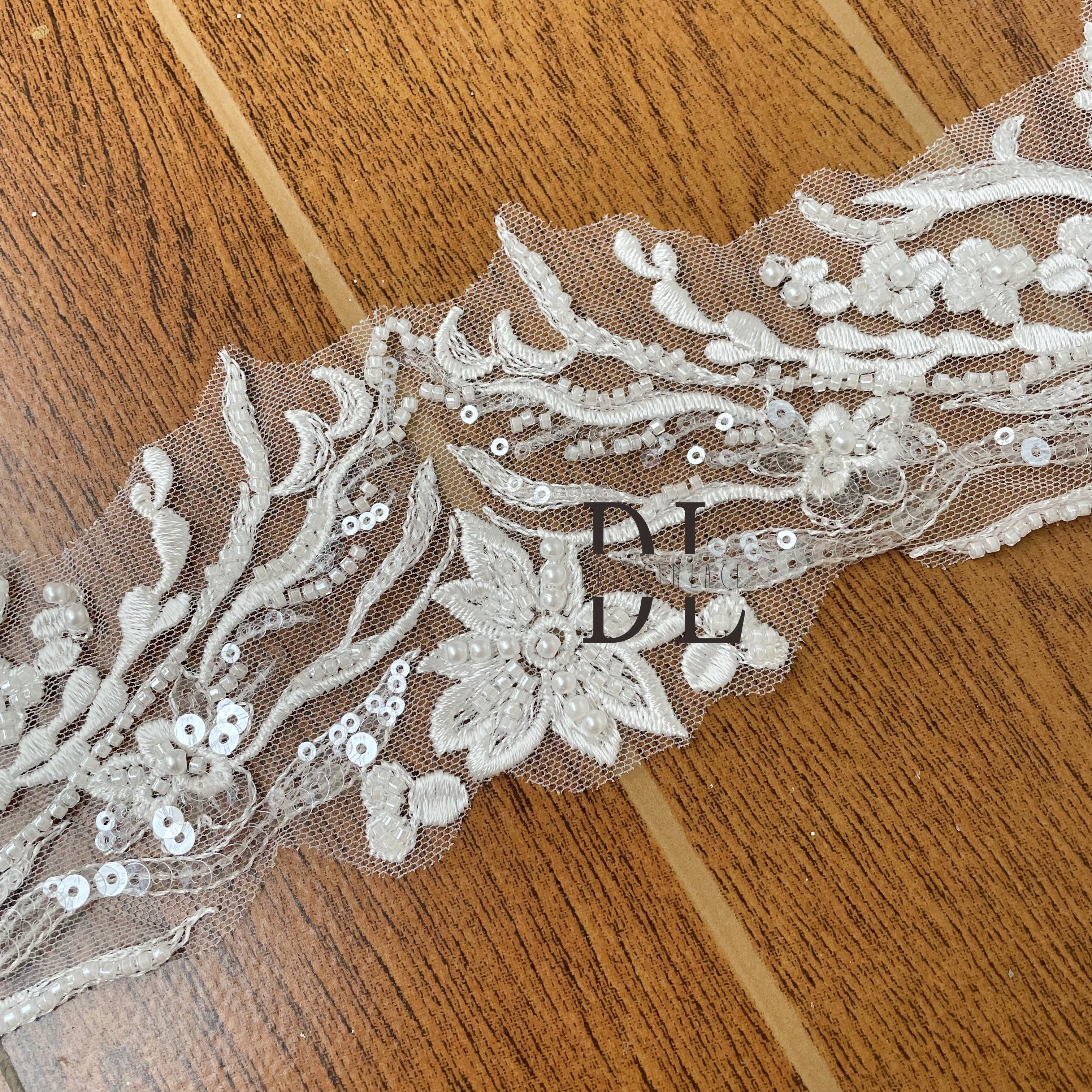 DLX10245 Embroidered Lace Trims Flowers Border 10CM With Pearl Beads and Sequins for Bride Veils