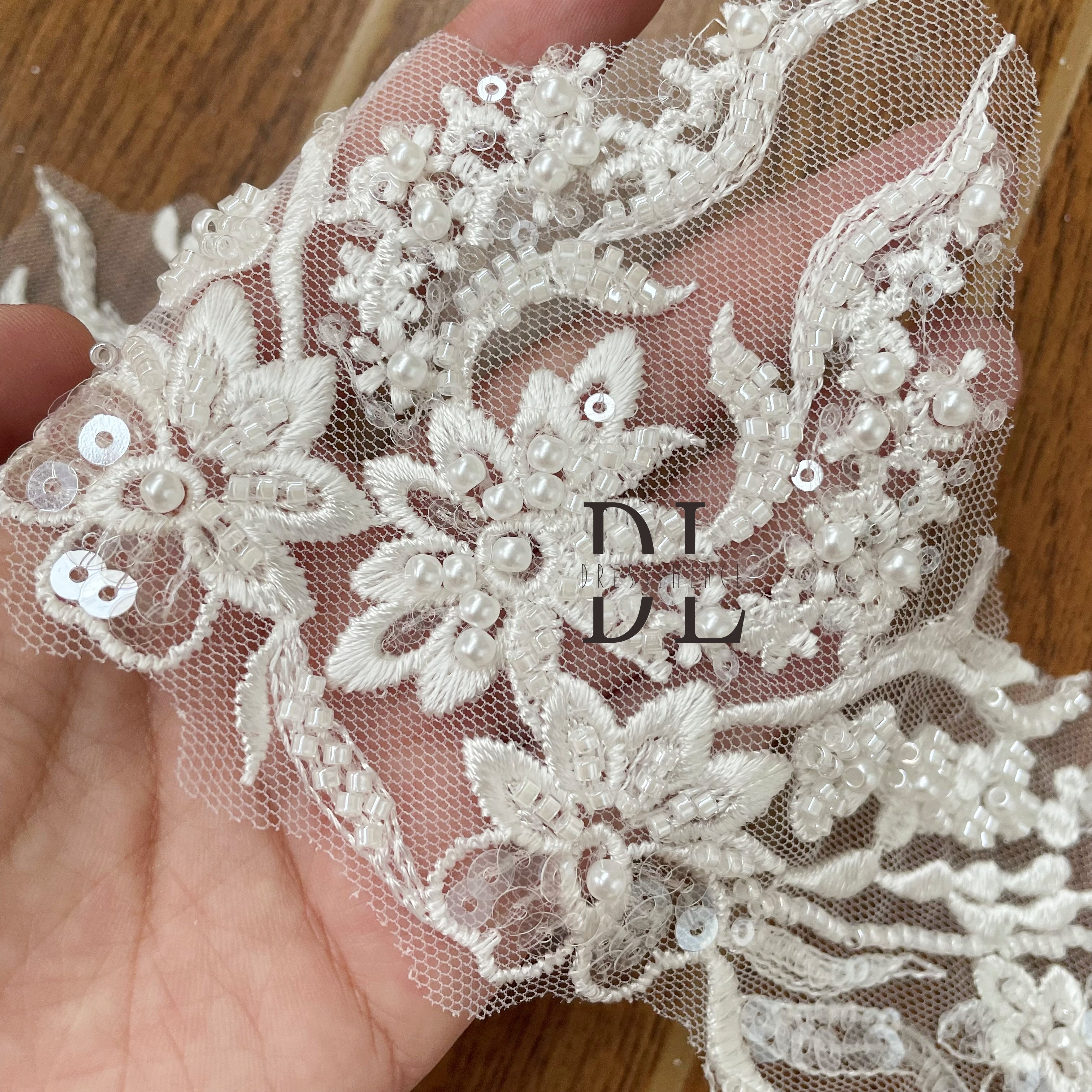 DLX10245 Embroidered Lace Trims Flowers Border 10CM With Pearl Beads and Sequins for Bride Veils