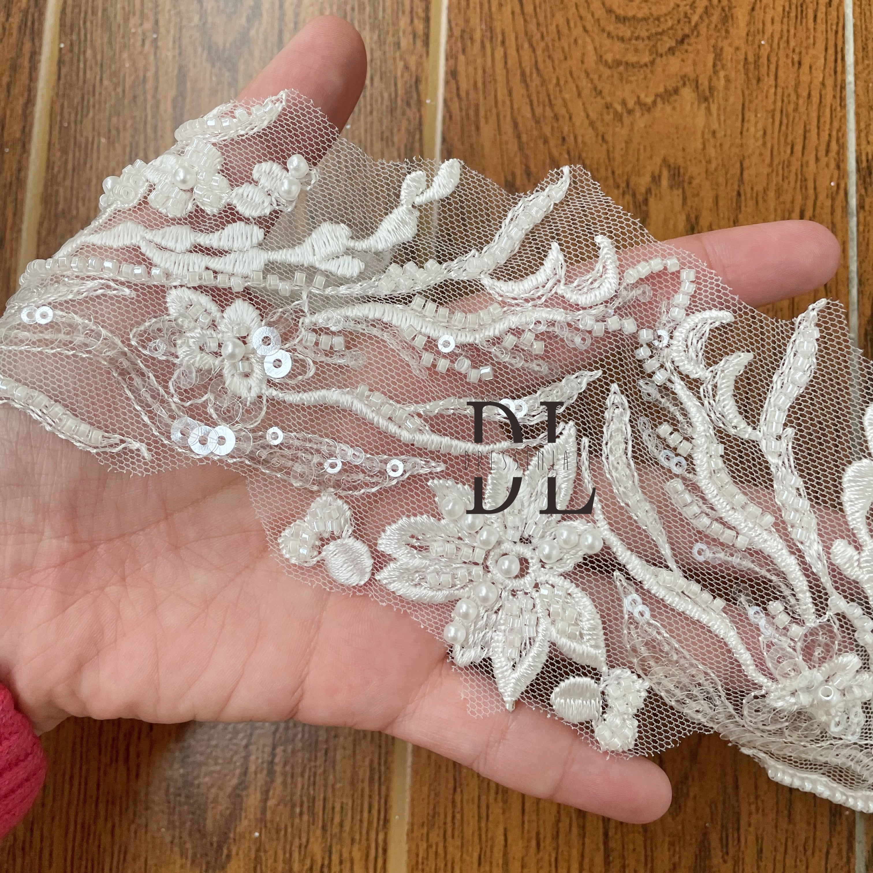 DLX10245 Embroidered Lace Trims Flowers Border 10CM With Pearl Beads and Sequins for Bride Veils