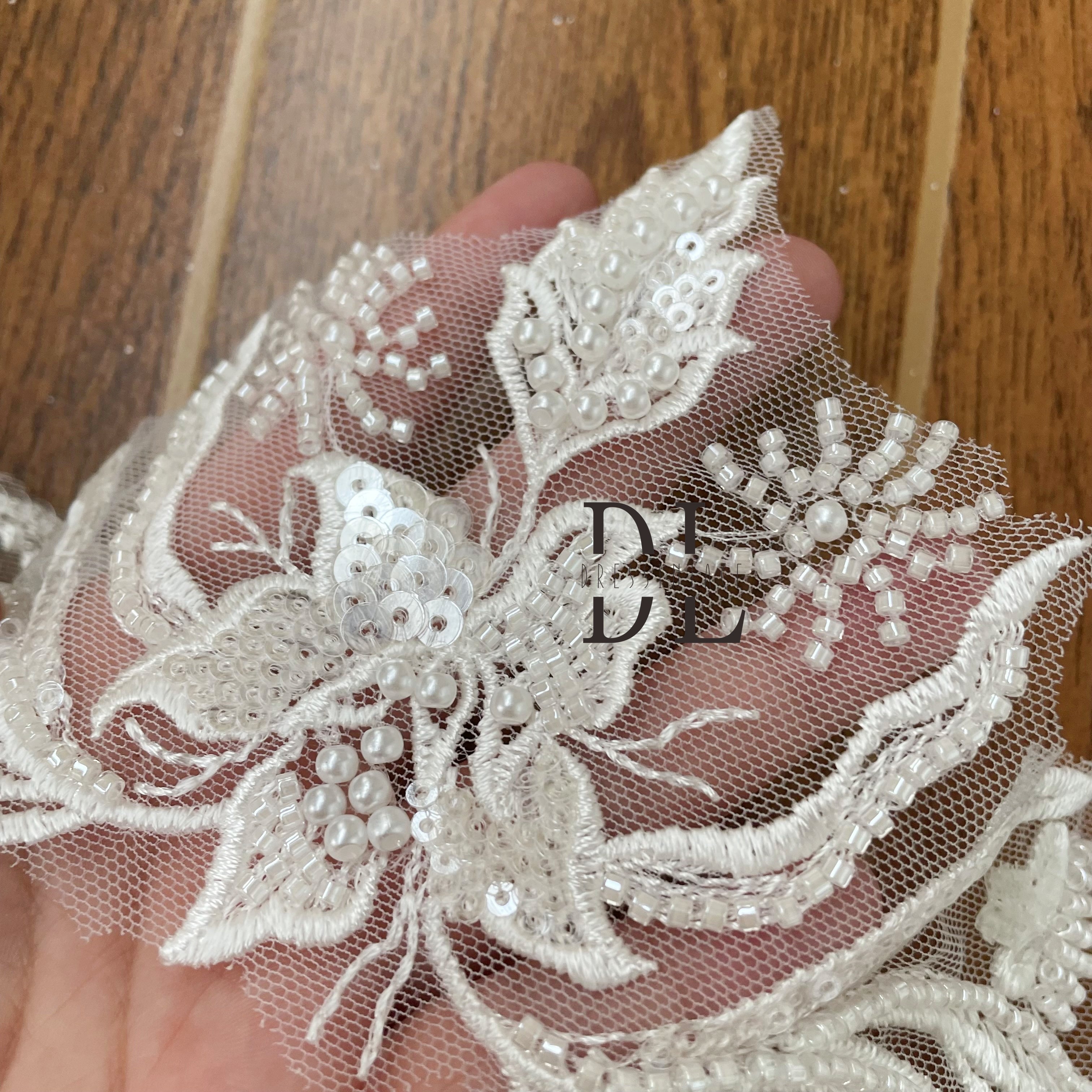 DLX11246 Beaded Embroidery Lace Trims Flowers Border 11CM With Pearl Beads and Sequins for DIY Bride Veils