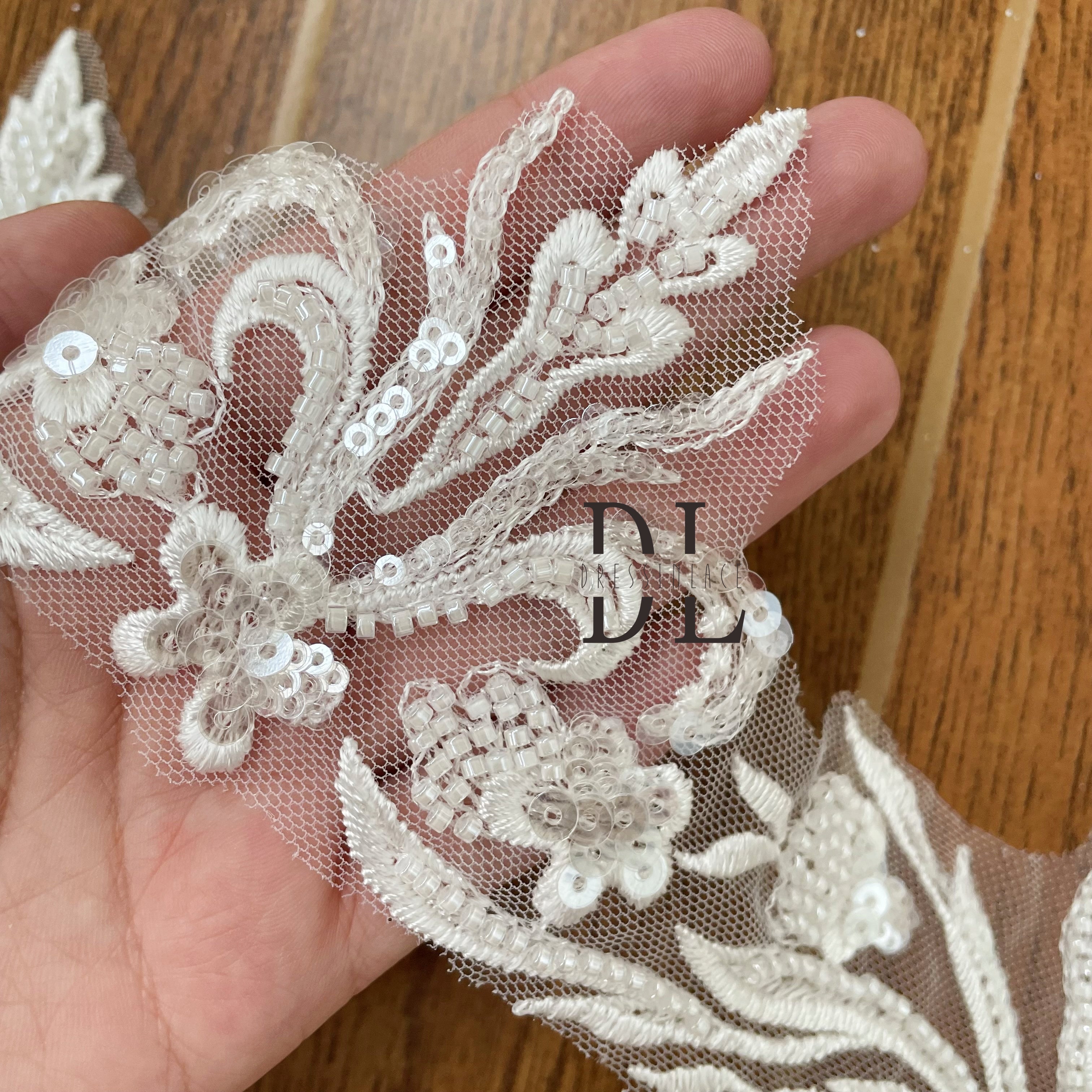 DLX11246 Beaded Embroidery Lace Trims Flowers Border 11CM With Pearl Beads and Sequins for DIY Bride Veils