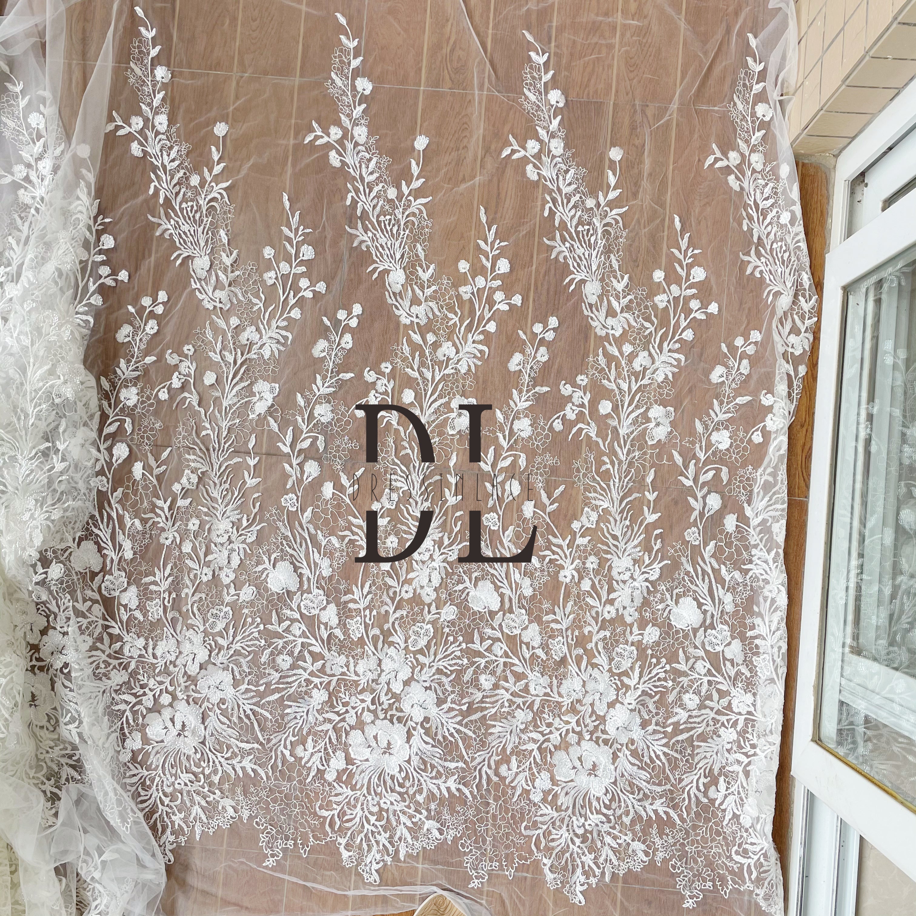 DL130002 Premium Embroidery Lace Fabric for Wedding Dresses - Exquisite Full-width Sheer with Sparkling Transparent Sequins and Trendy Floral Elements