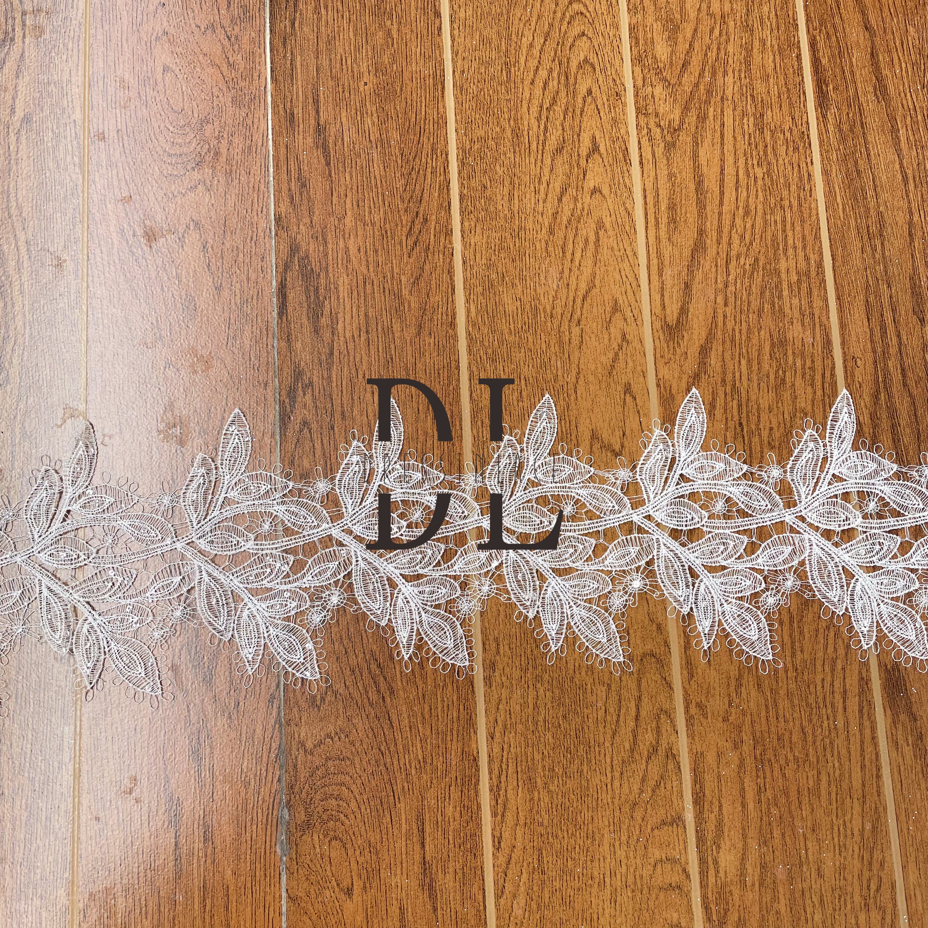 DLG14250 Hot Selling leaves pattern Guipure Lace Trims with sequins Elegant Designs For Bridal Head Veils