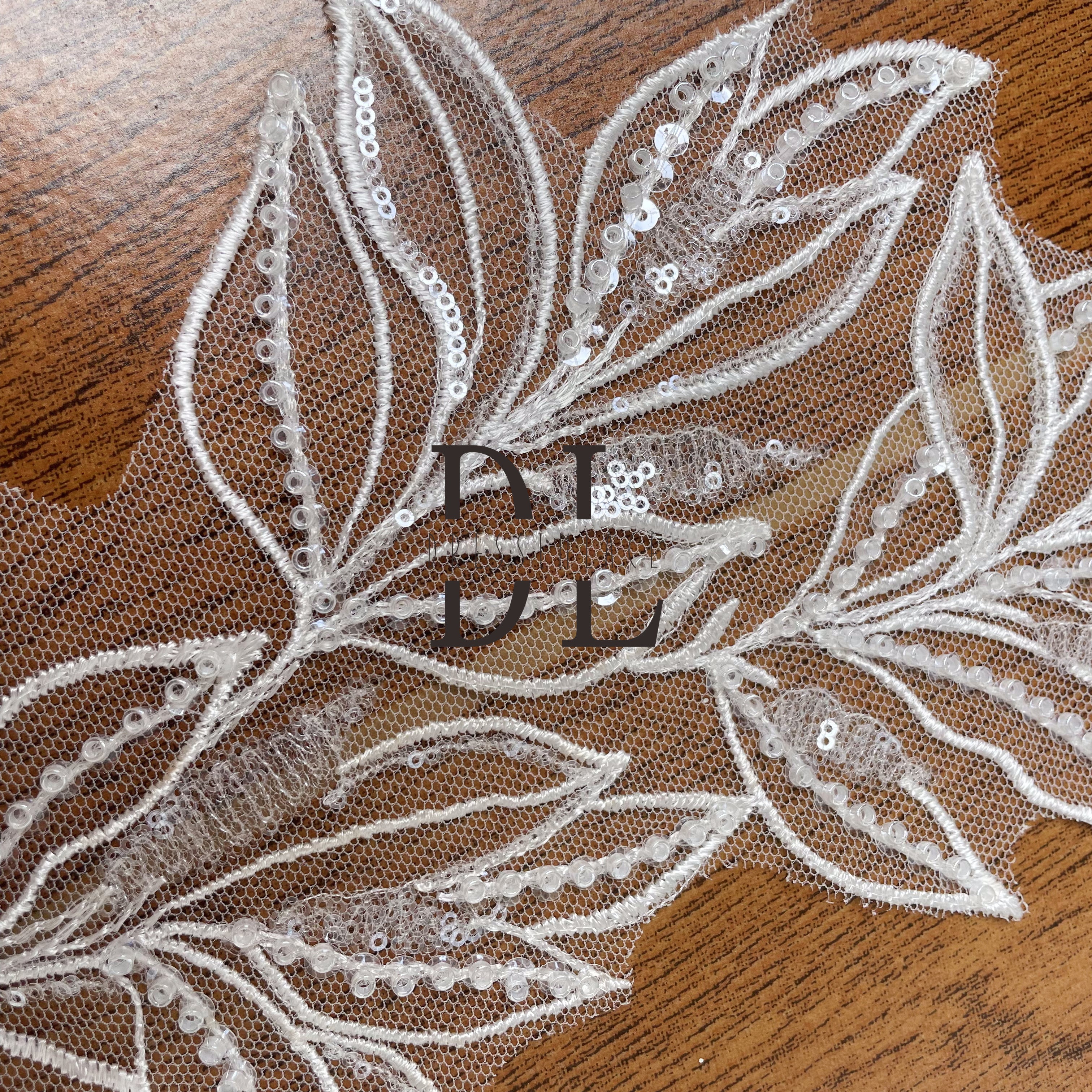 DLM2275 Leaf Embroidery Appliques with Soft mesh Tulle beads and sequins for bride head veils