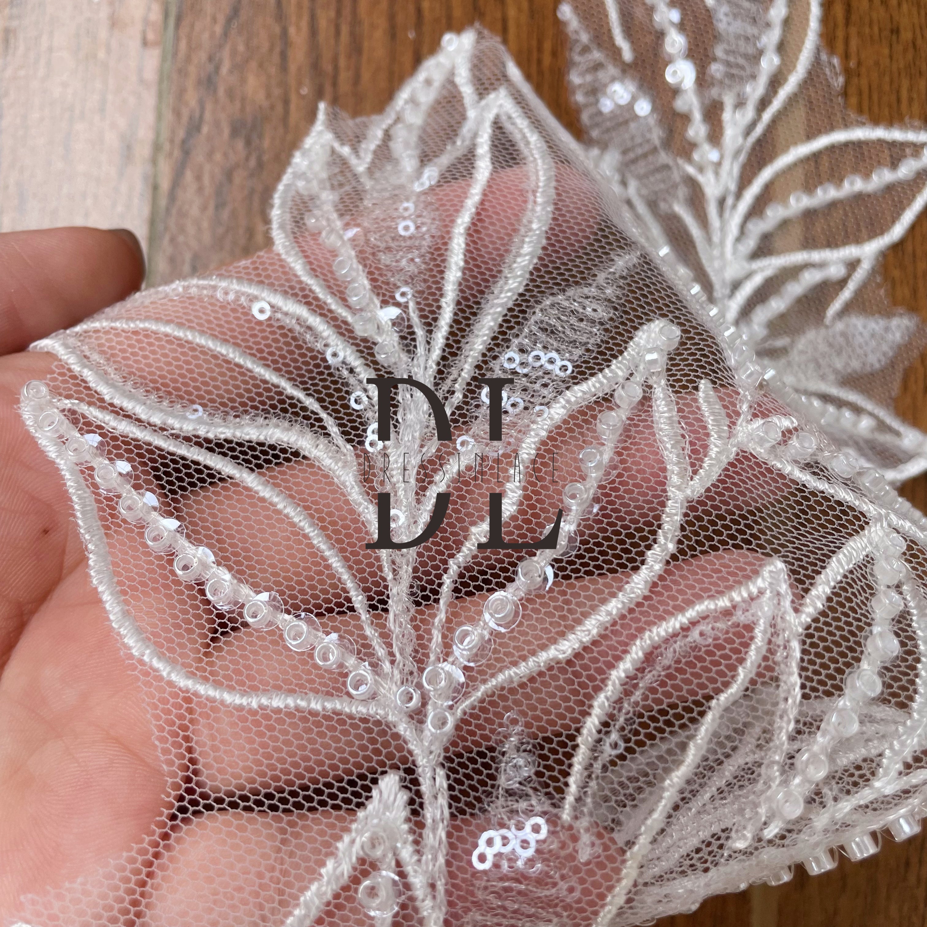 DLM2275 Leaf Embroidery Appliques with Soft mesh Tulle beads and sequins for bride head veils