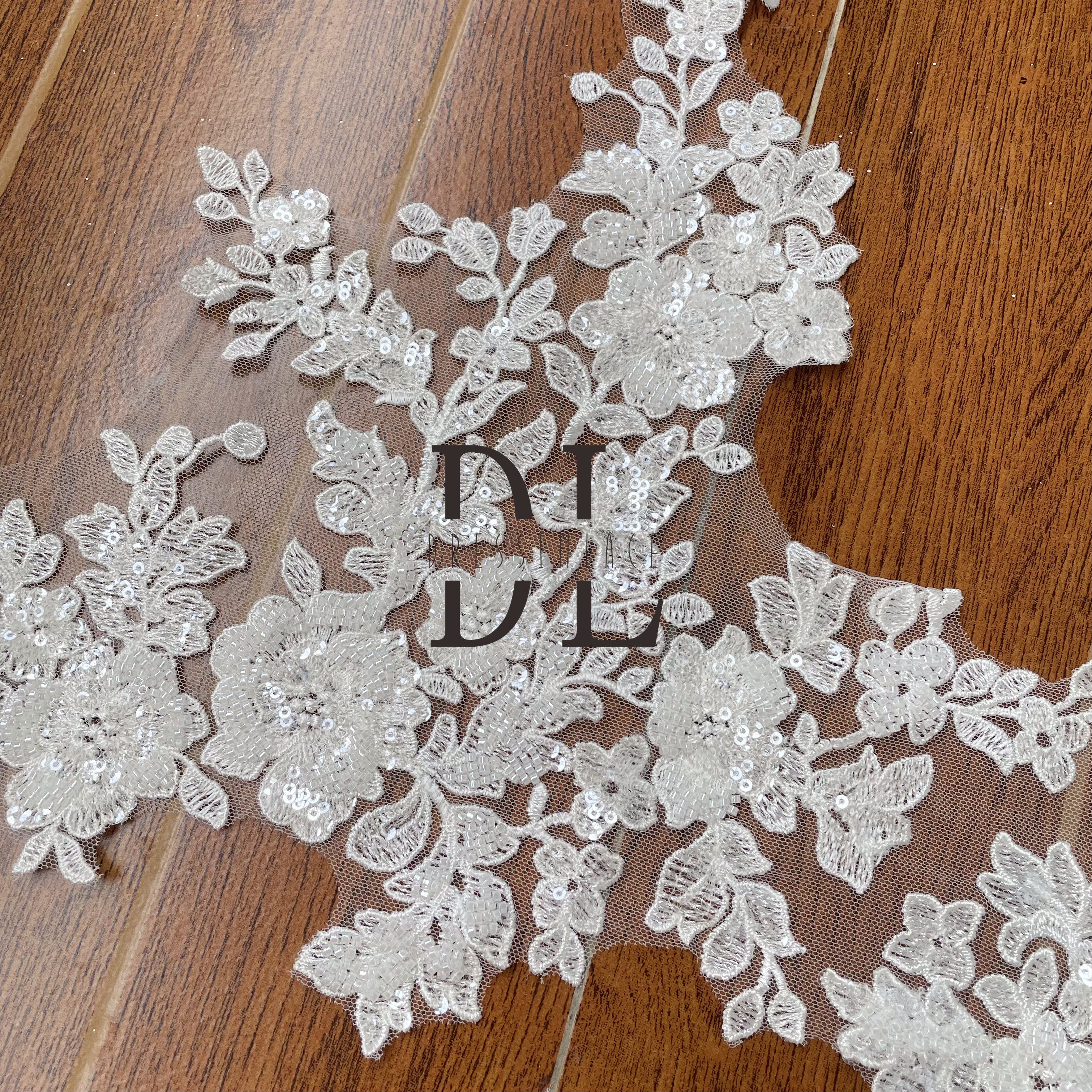 DLX39252 Classical Beaded and Sequins Flowers Lace Borders wide 39cm for bride dresses accessories