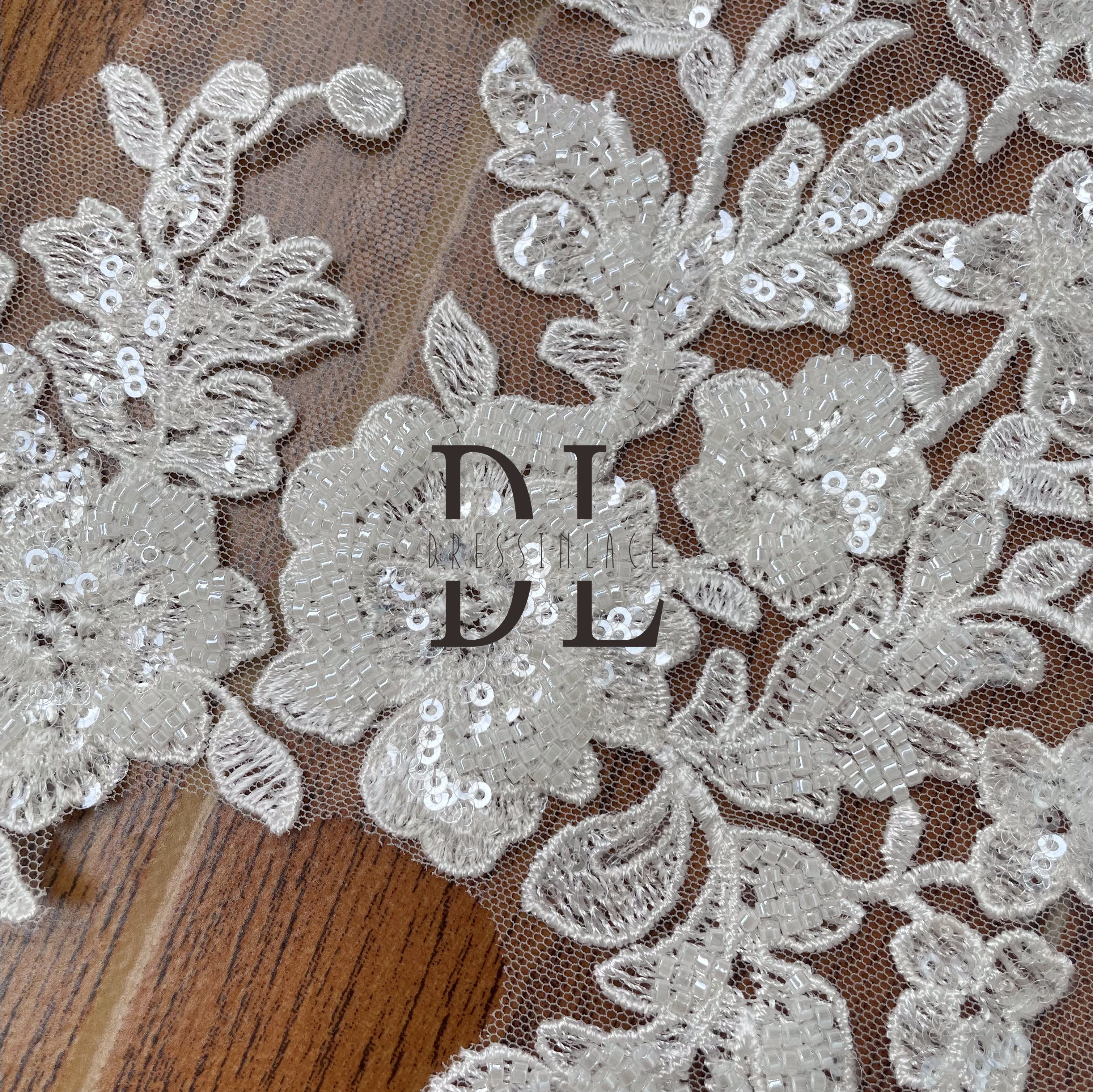 DLX39252 Classical Beaded and Sequins Flowers Lace Borders wide 39cm for bride dresses accessories