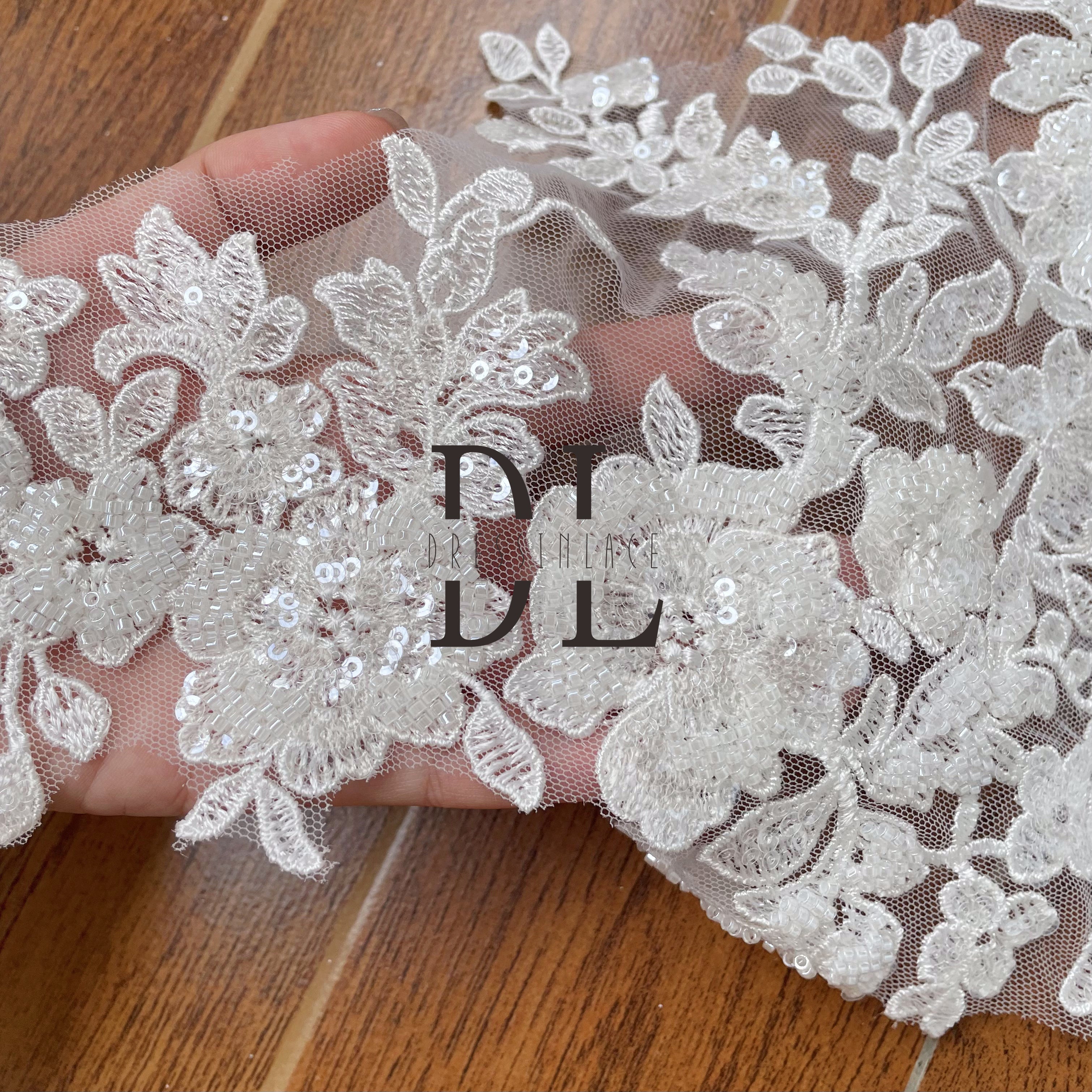 DLX39252 Classical Beaded and Sequins Flowers Lace Borders wide 39cm for bride dresses accessories