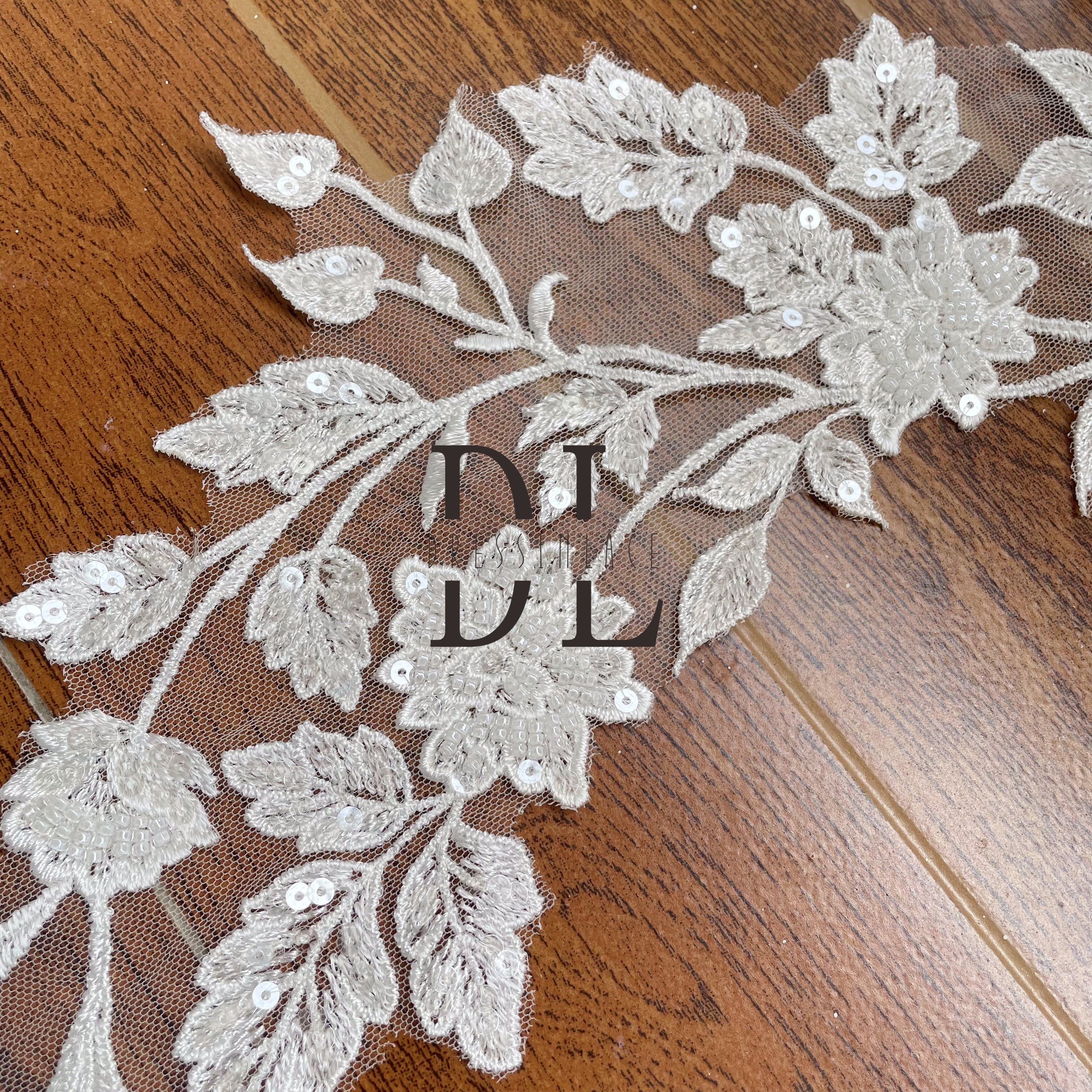 DLX15253 Embroidery Leaves pattern Lace Borders wide 15cm Beads and Sequins for bride head veils