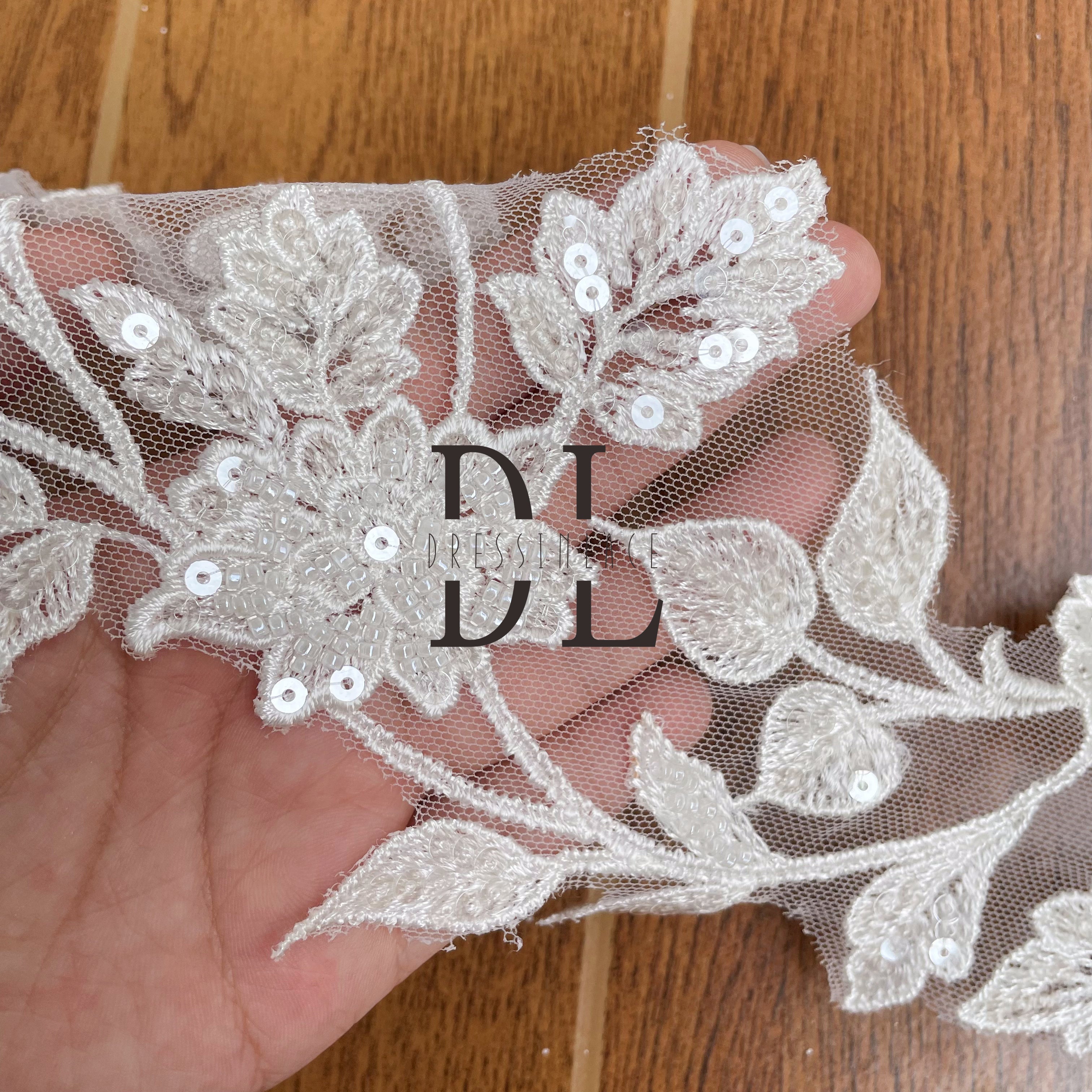 DLX15253 Embroidery Leaves pattern Lace Borders wide 15cm Beads and Sequins for bride head veils