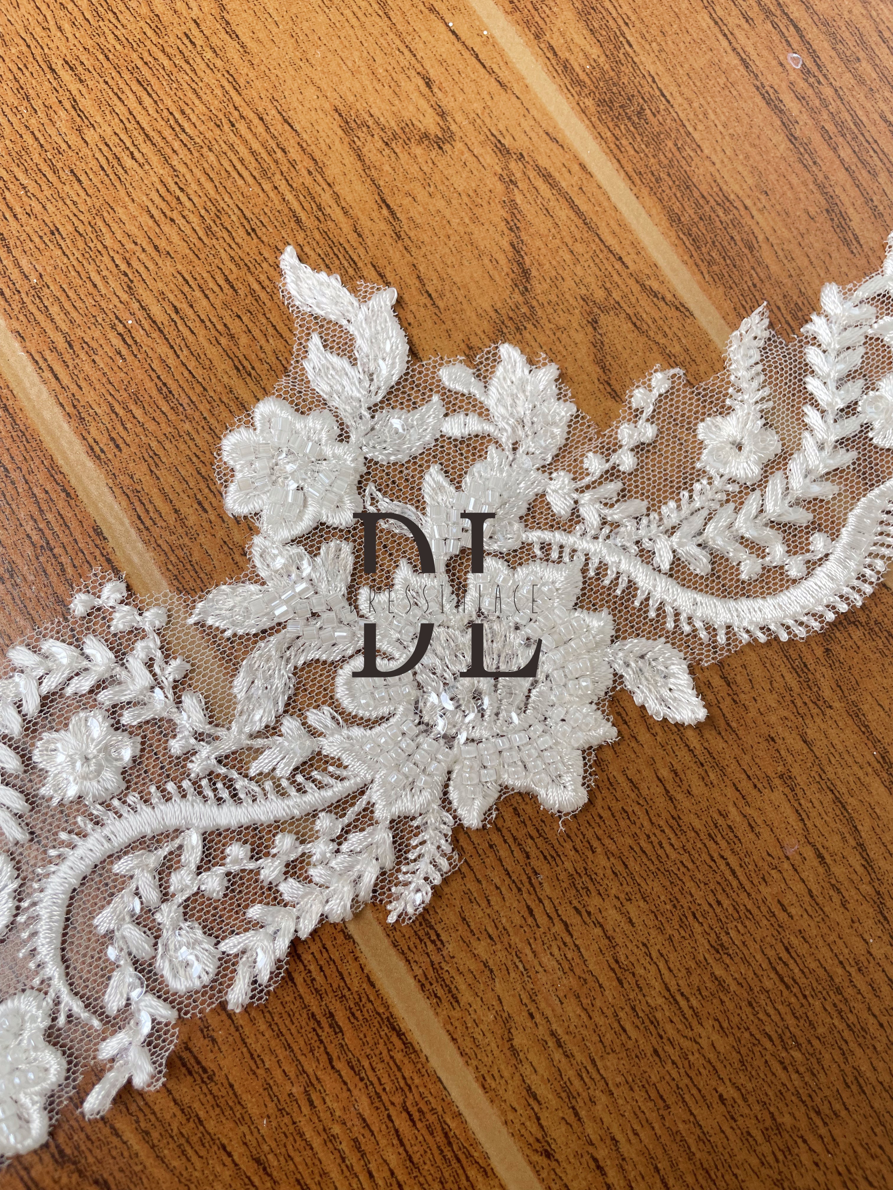 DLX95254 Exquisite Floras Embroidery Lace Borders width 9.5cm Beads and Sequins for bridal head veils