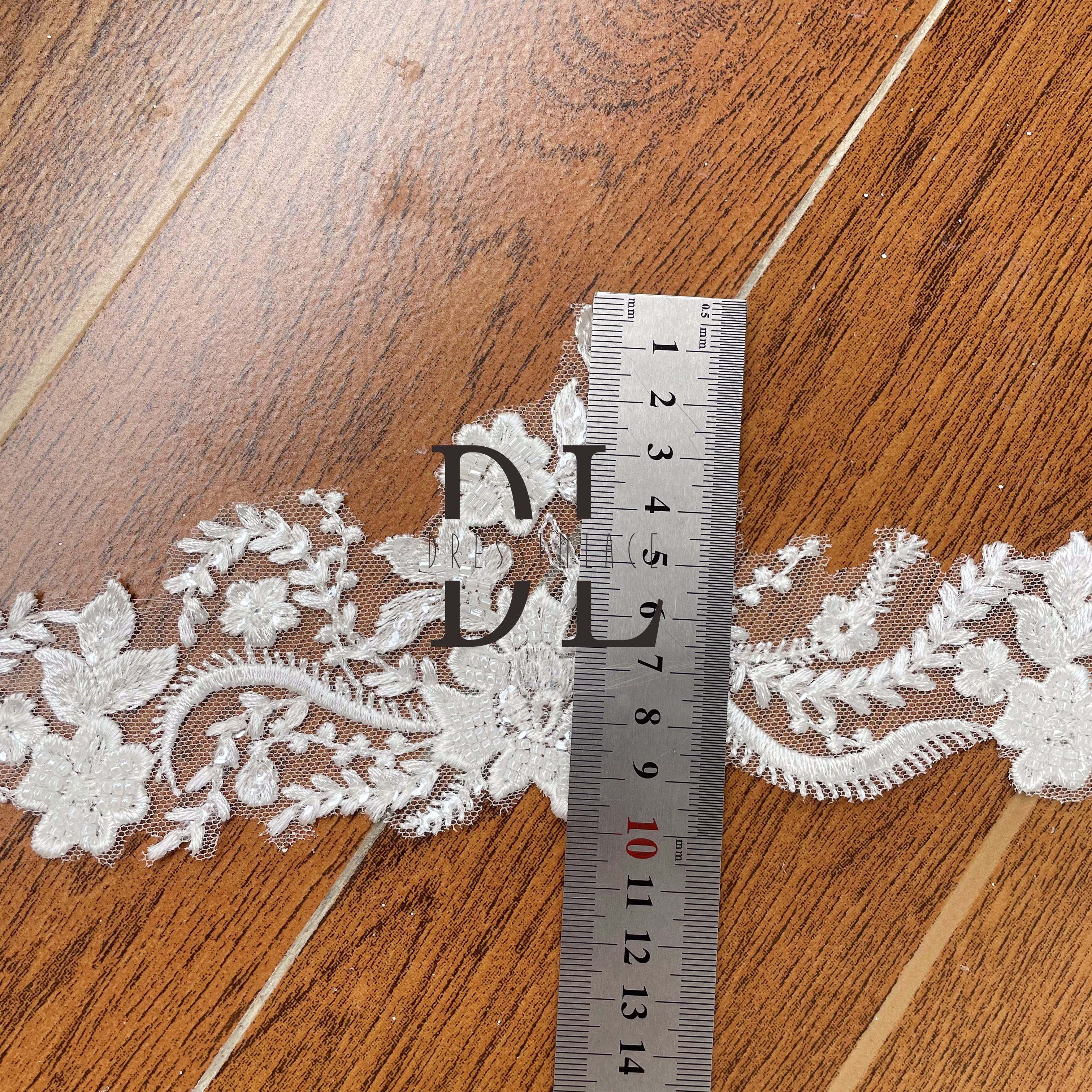 DLX95254 Exquisite Floras Embroidery Lace Borders width 9.5cm Beads and Sequins for bridal head veils