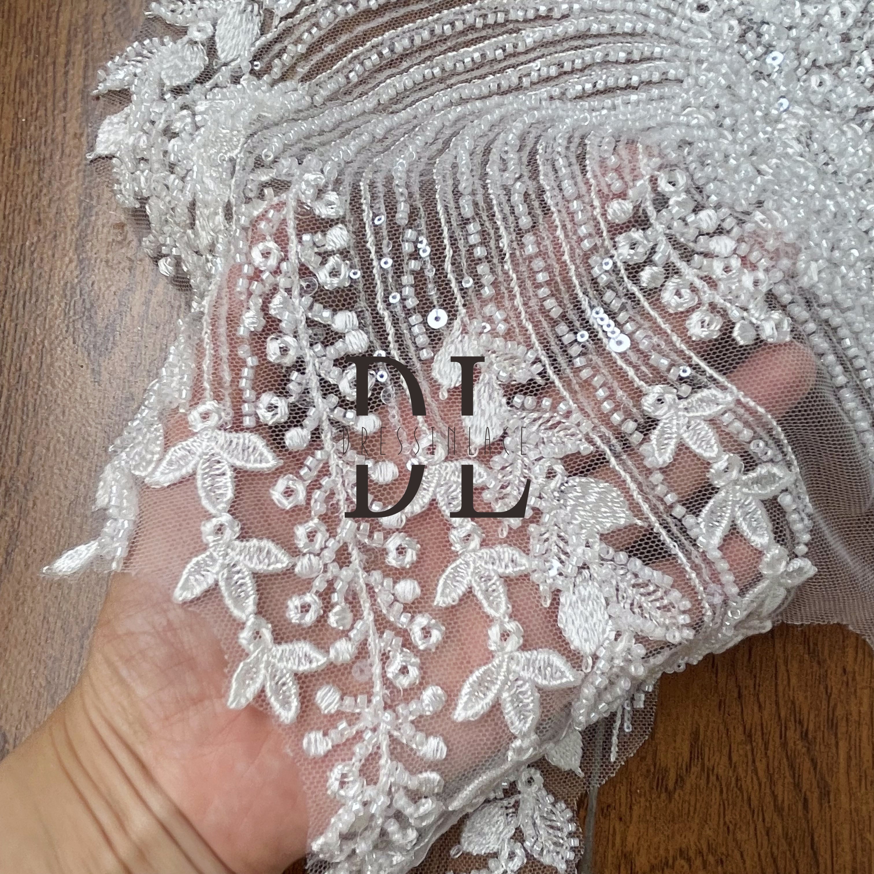 DLM2277 New Design full beading Lace Motifs for Wedding gowns with Beads and Sparkling sequins