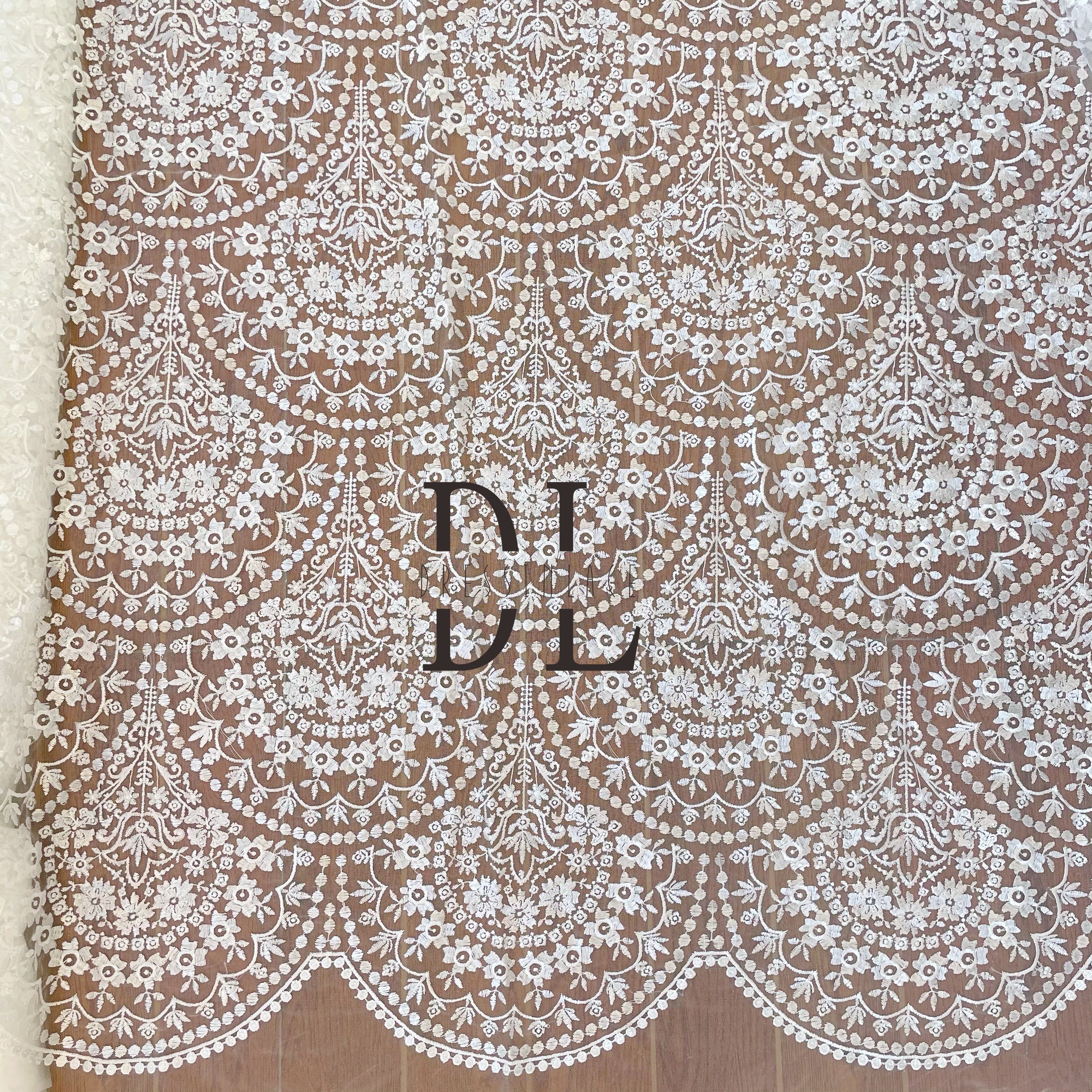 DL130010  Exquisite Flower Pattern Embroidery Lace Fabric with Wave Edge - Polyester Material