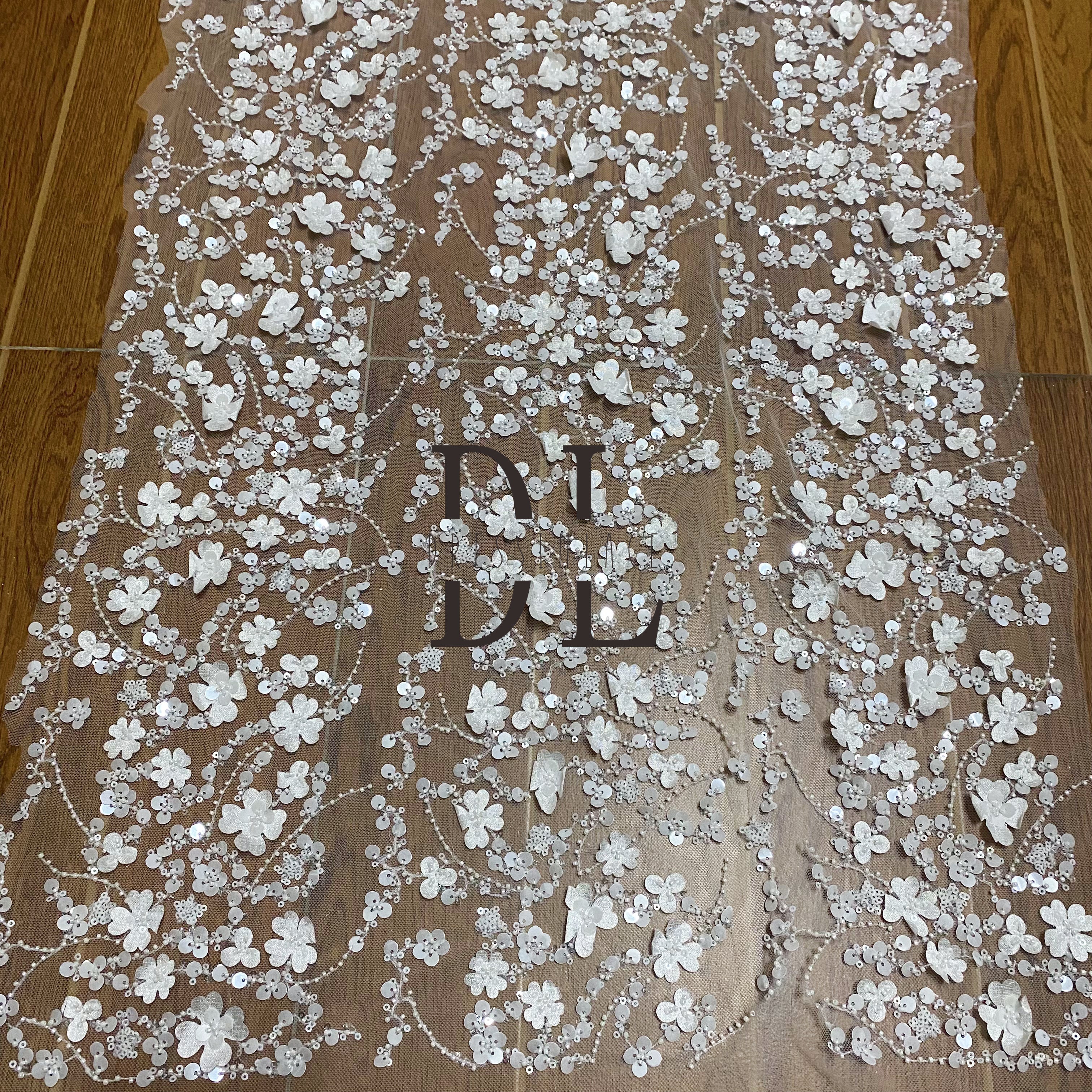 DL130127 Sewing Accessories 3D satin flowers lace fabric with sequins forBridal Wedding Dresses