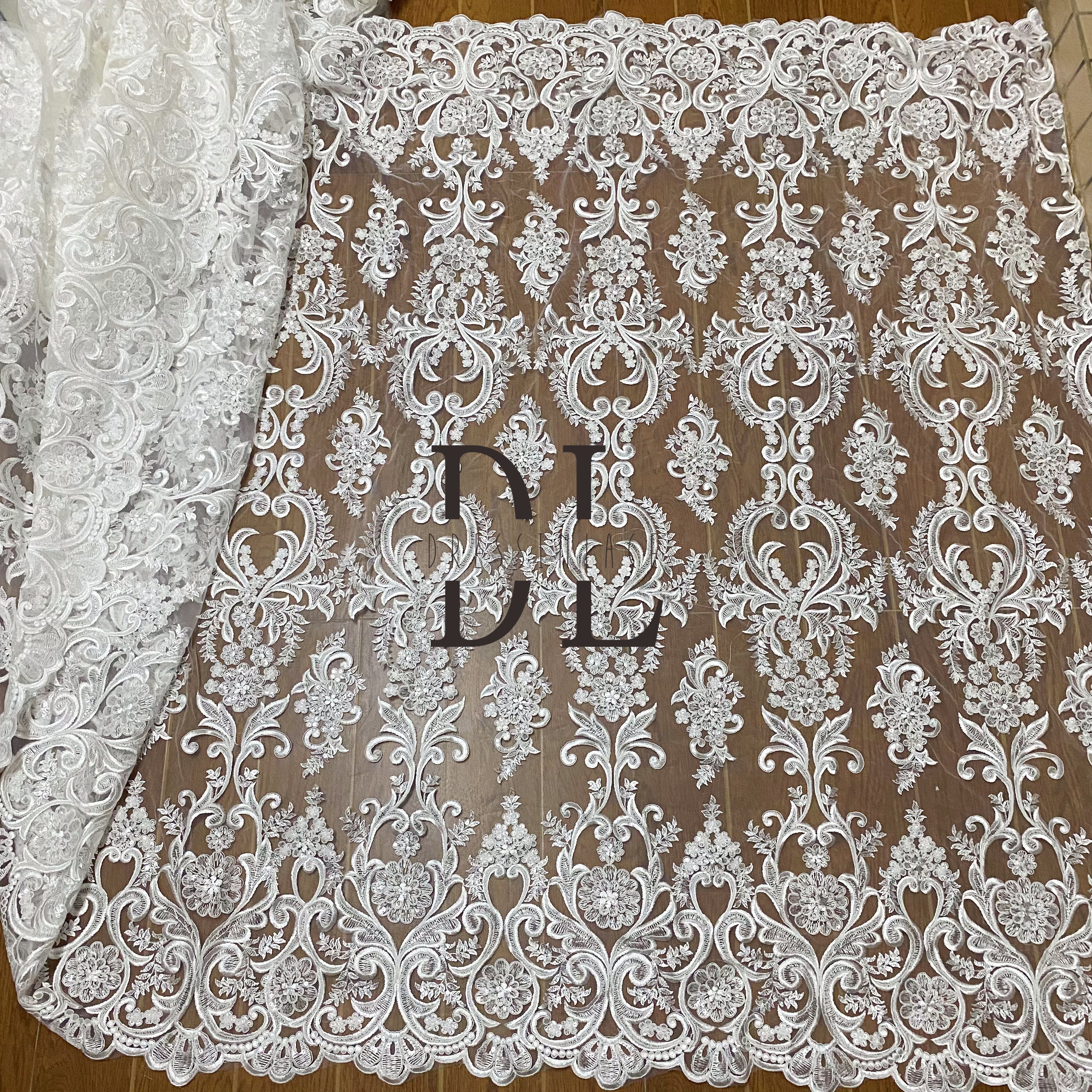 DL130106 Sequined and Embroidered Lace Fabric for Bridal Dresses – Classical style for elegant wedding party DL130106