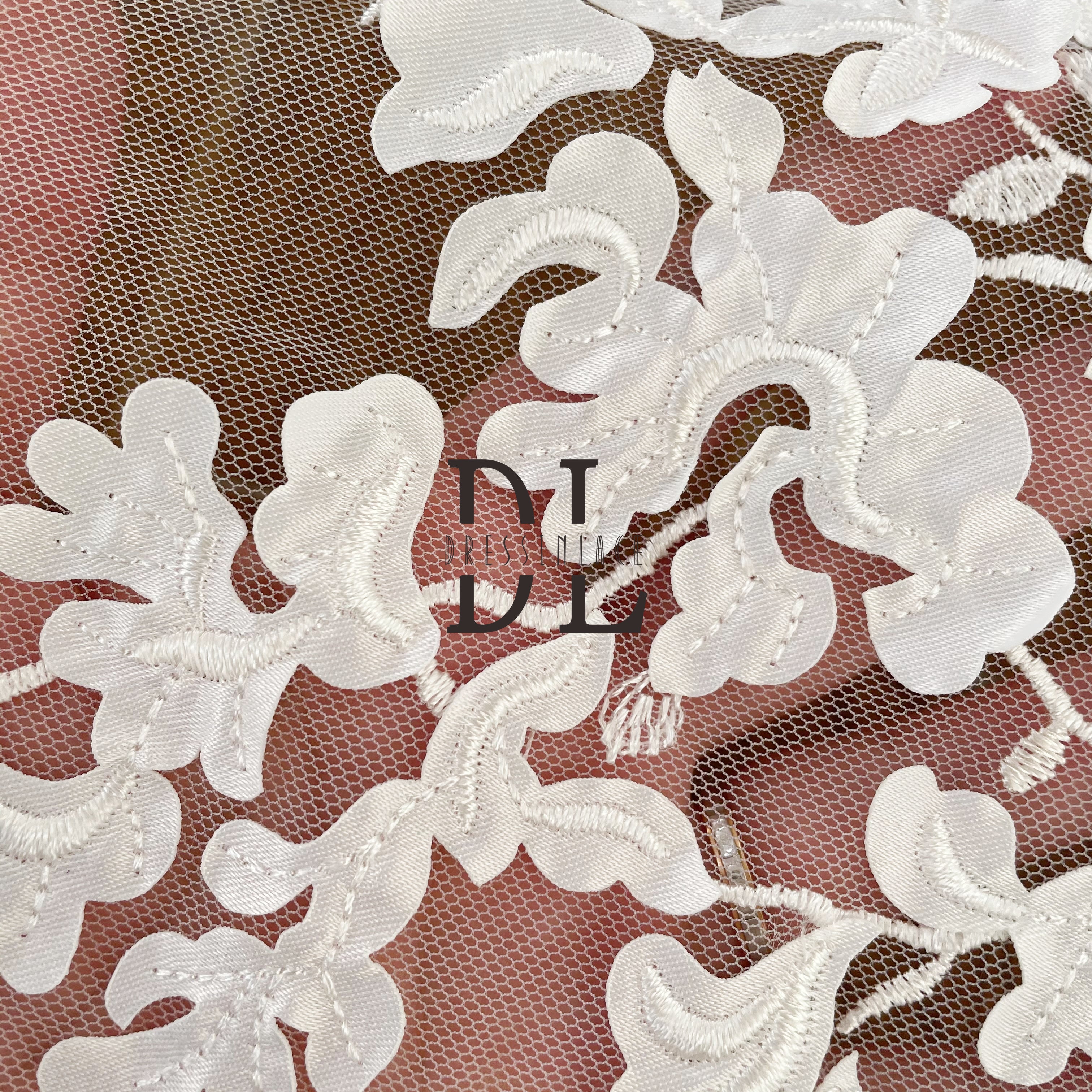 DL130117 Exquisite Lace Fabric with Laser Satin, Featuring Flowers and Leaves Pattern DL130117