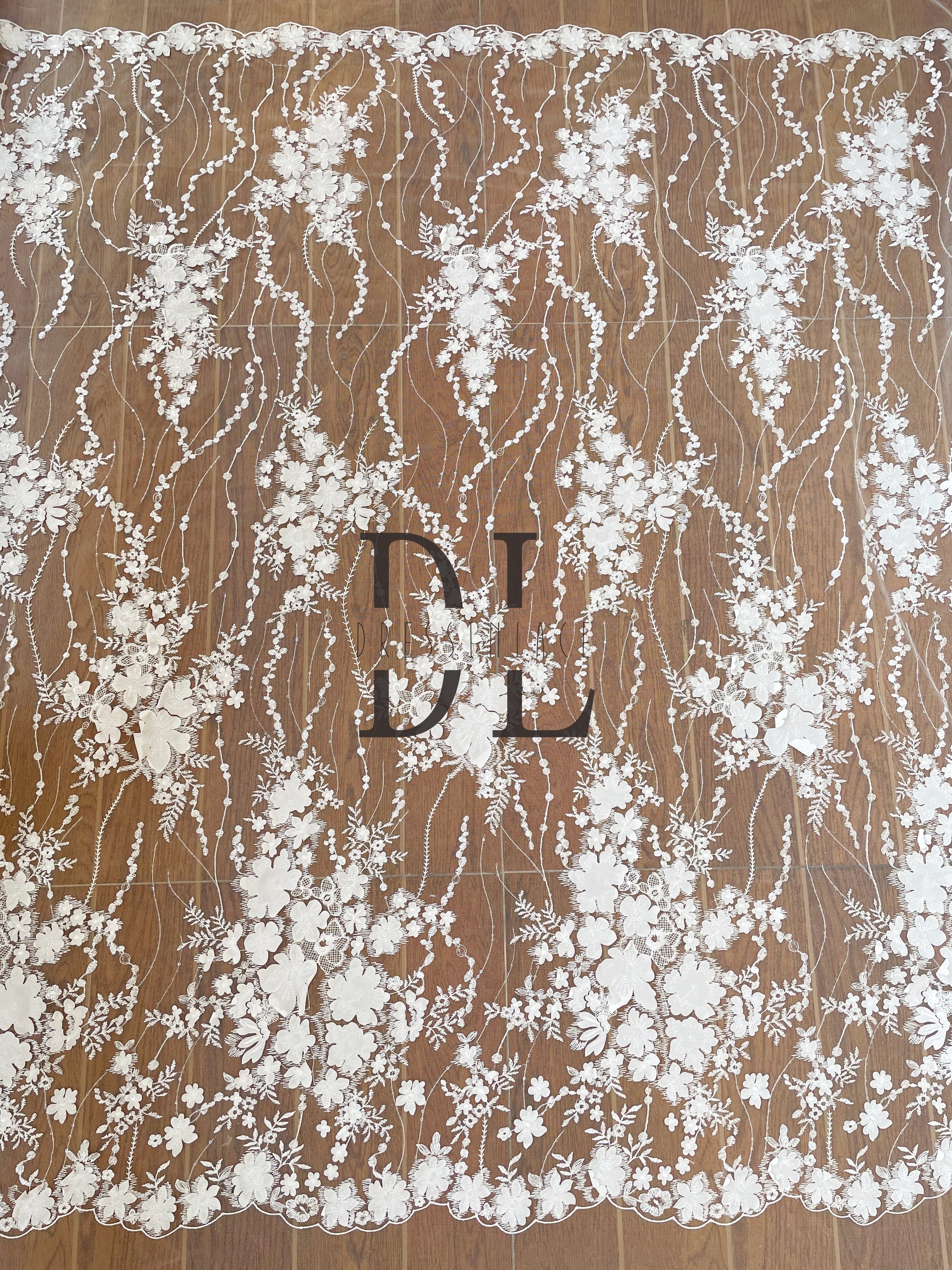 DL130078 Lovely Lace Fabric Satin with 3D Flowers - Perfect for Adding Delicate Elegance