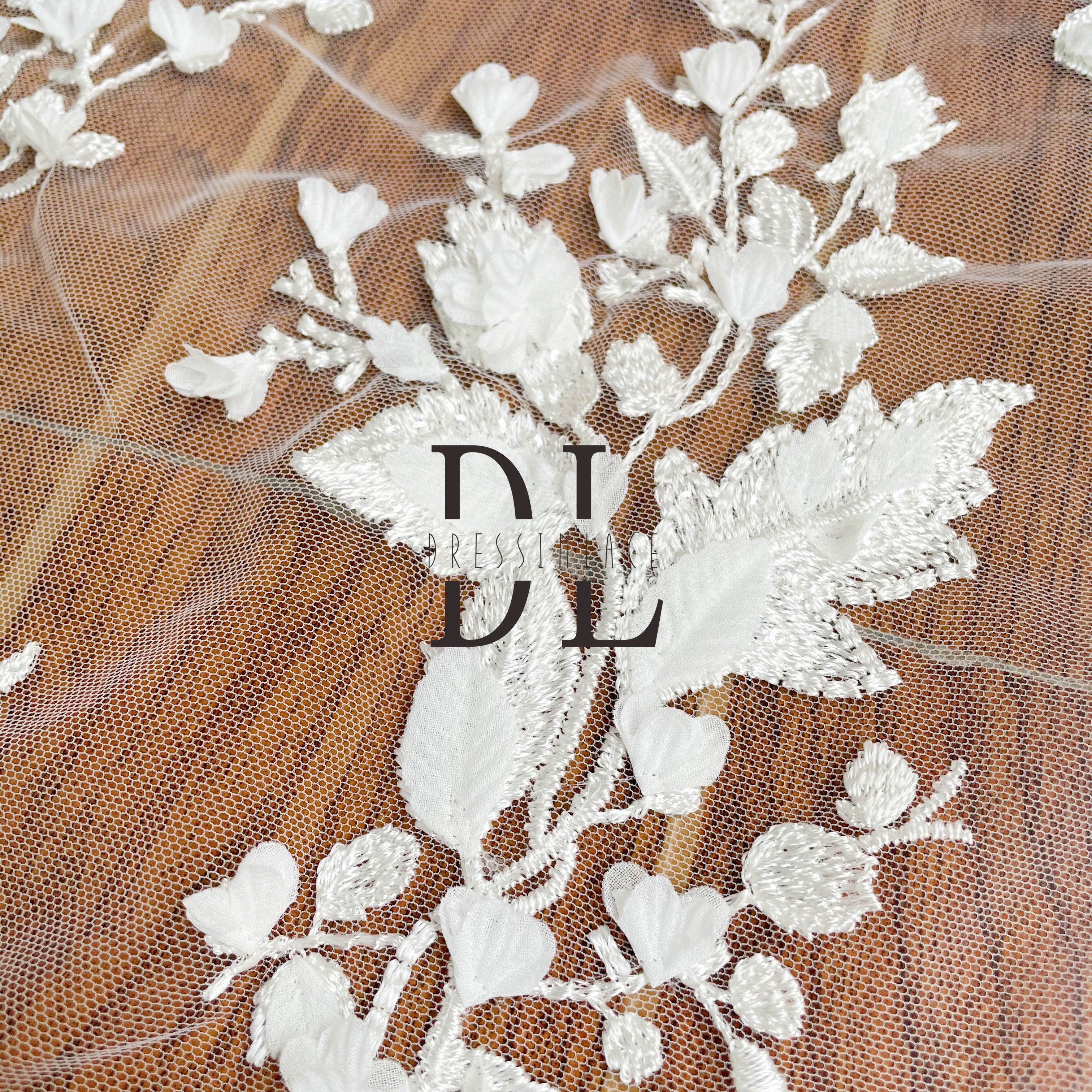 DL130120 Soft Lovely Lace Fabric Chiffon with 3D Flowers - Perfect for Adding Delicate Elegance DL130120