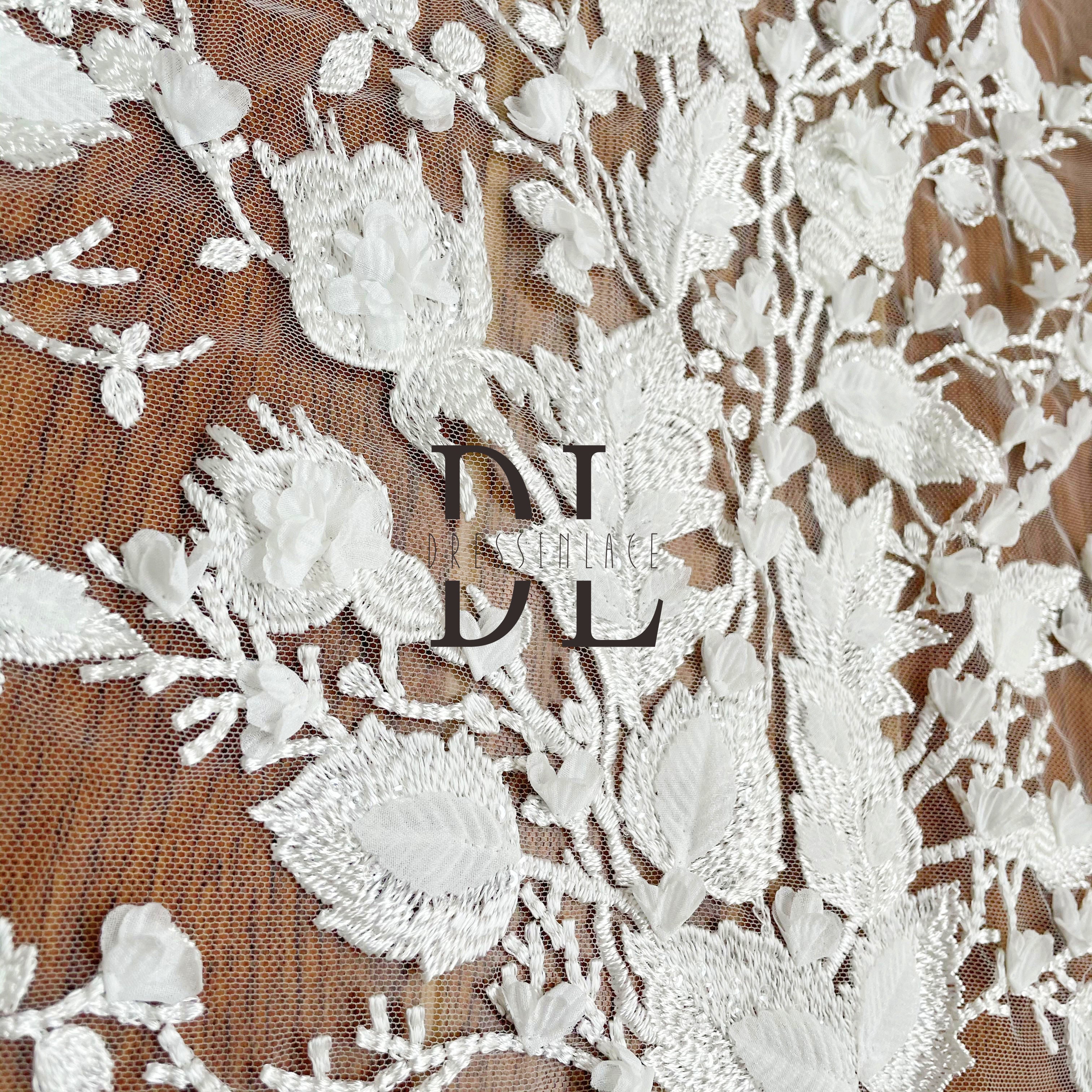 DL130120 Soft Lovely Lace Fabric Chiffon with 3D Flowers - Perfect for Adding Delicate Elegance DL130120