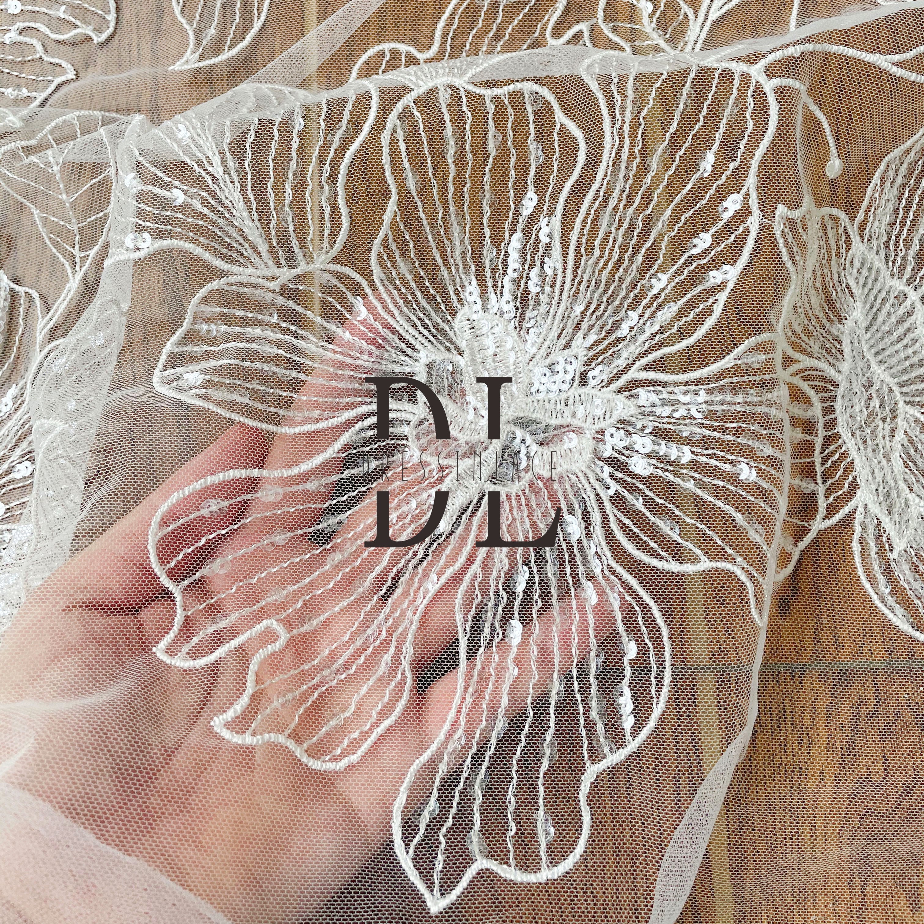 DL130115 Flower Sequins Lace Fabrics - Soft Tulle with Embroidered Flowers - Premium Quality and Affordably Priced - Ideal for Lace Fabric Enthusiasts