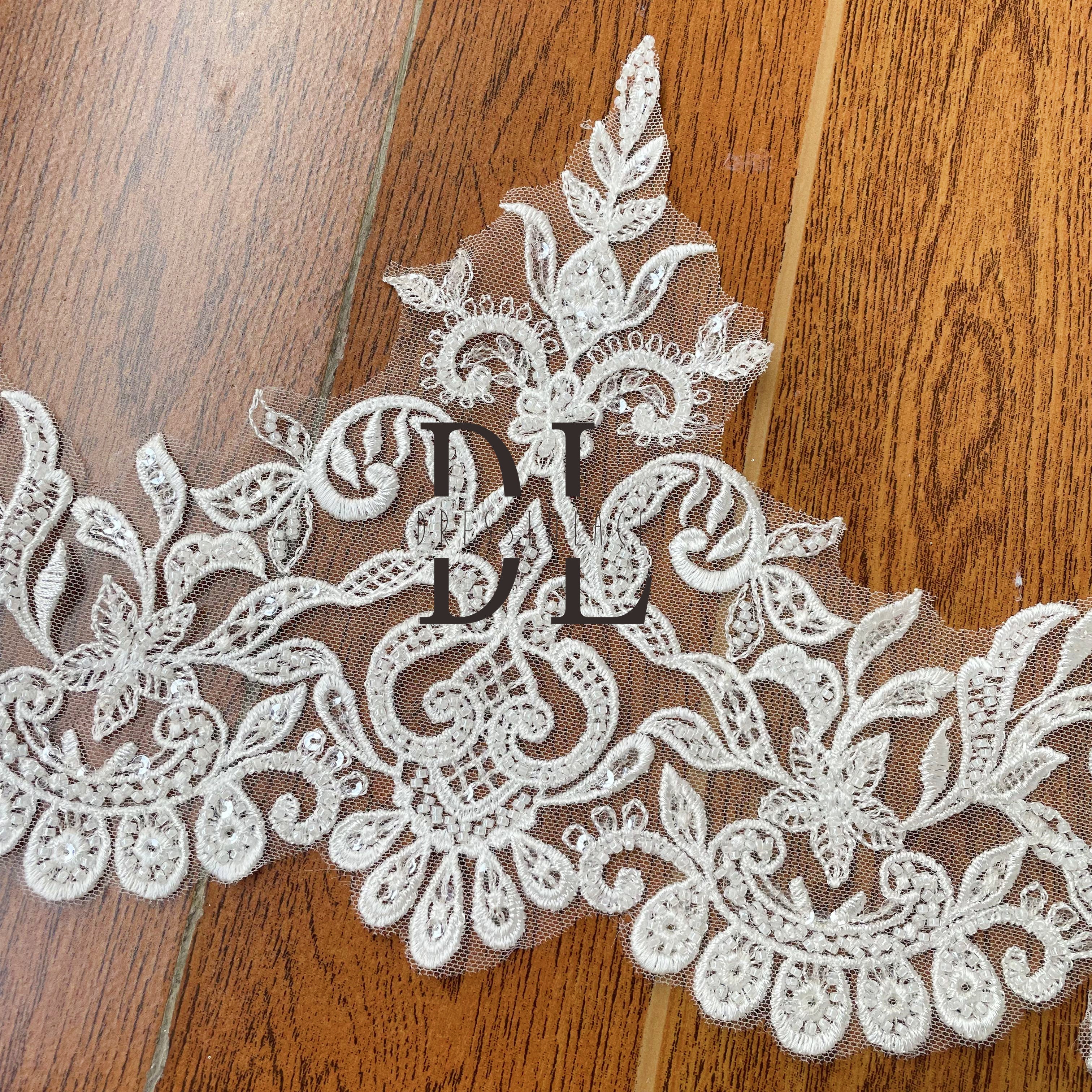 DLX21250 Embroidery Lace Borders wide 21cm Beads and Sequins for bride head veils and accessories