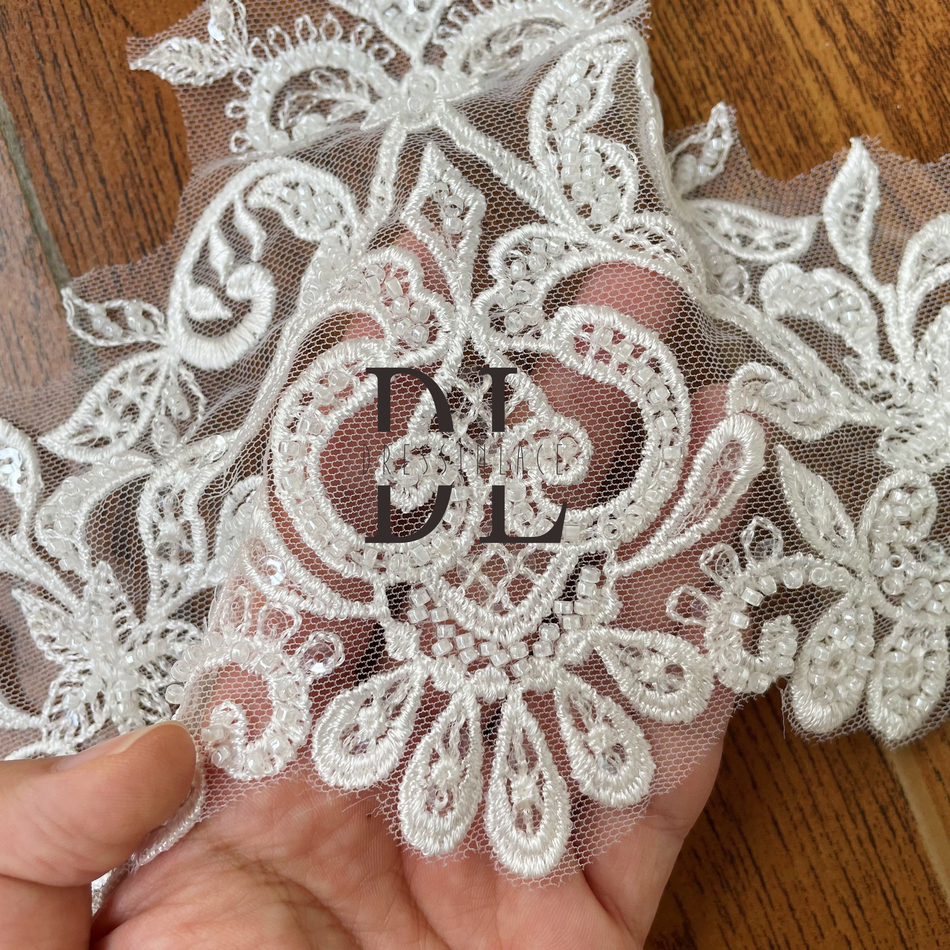 DLX21250 Embroidery Lace Borders wide 21cm Beads and Sequins for bride head veils and accessories