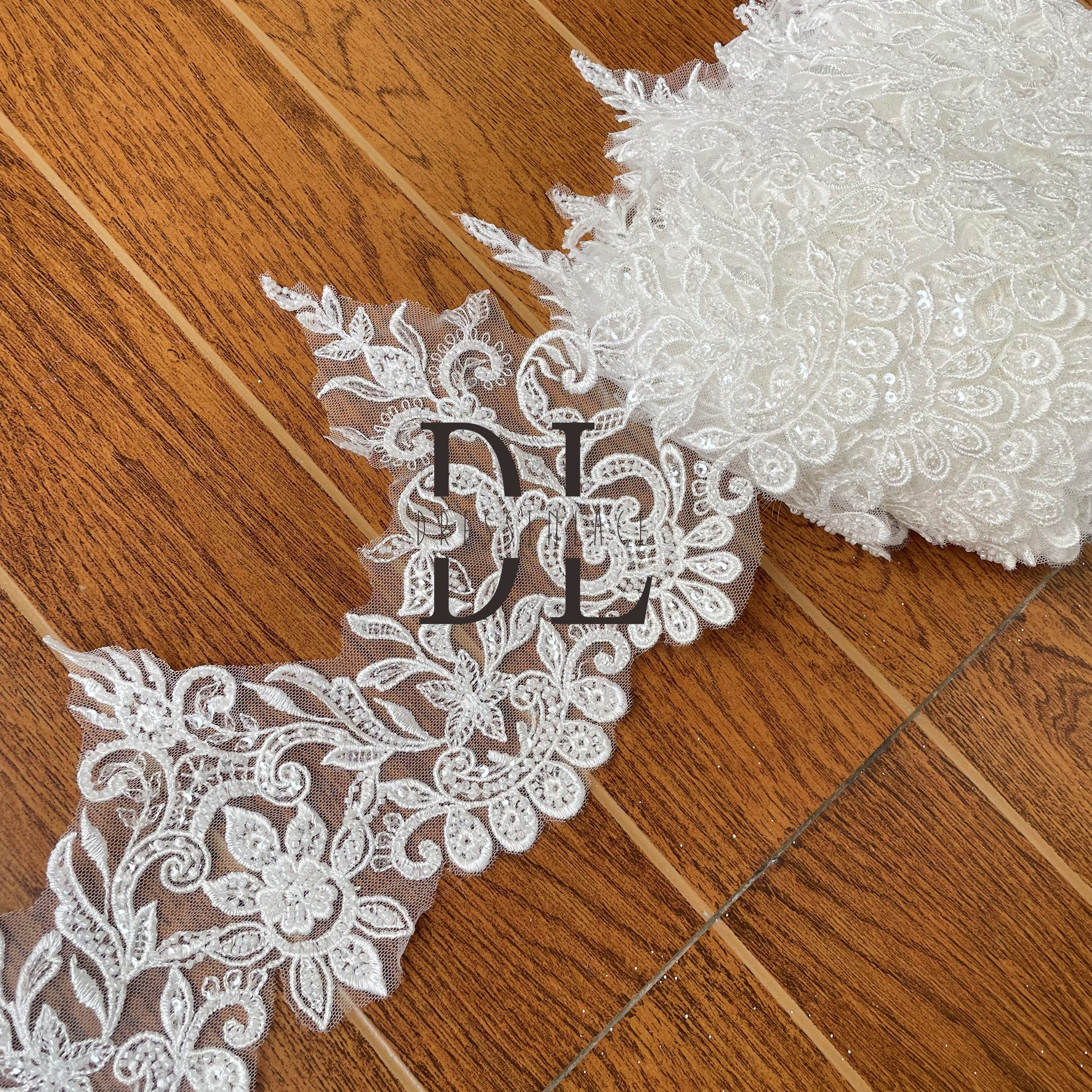 DLX21250 Embroidery Lace Borders wide 21cm Beads and Sequins for bride head veils and accessories