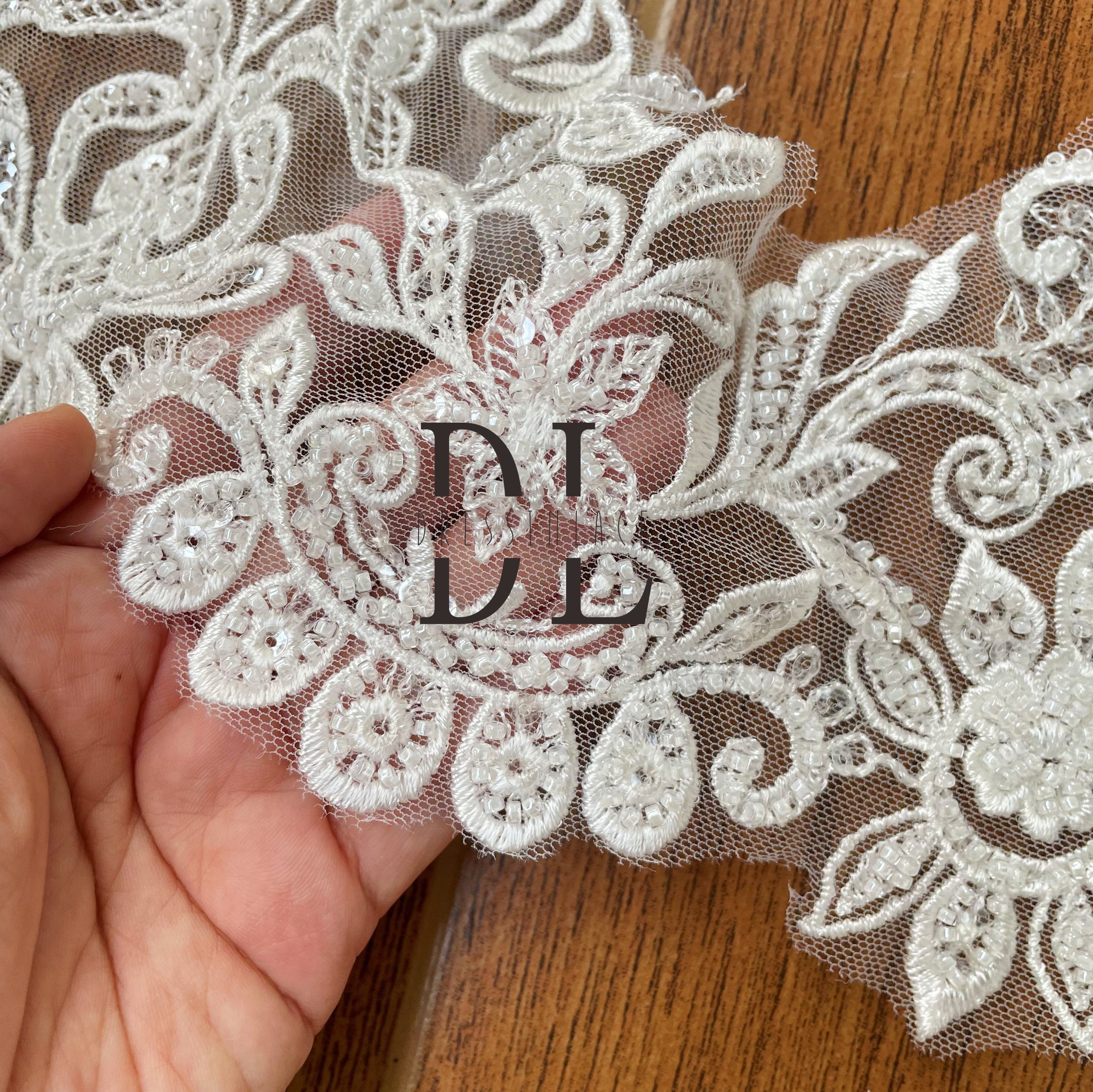 DLX21250 Embroidery Lace Borders wide 21cm Beads and Sequins for bride head veils and accessories