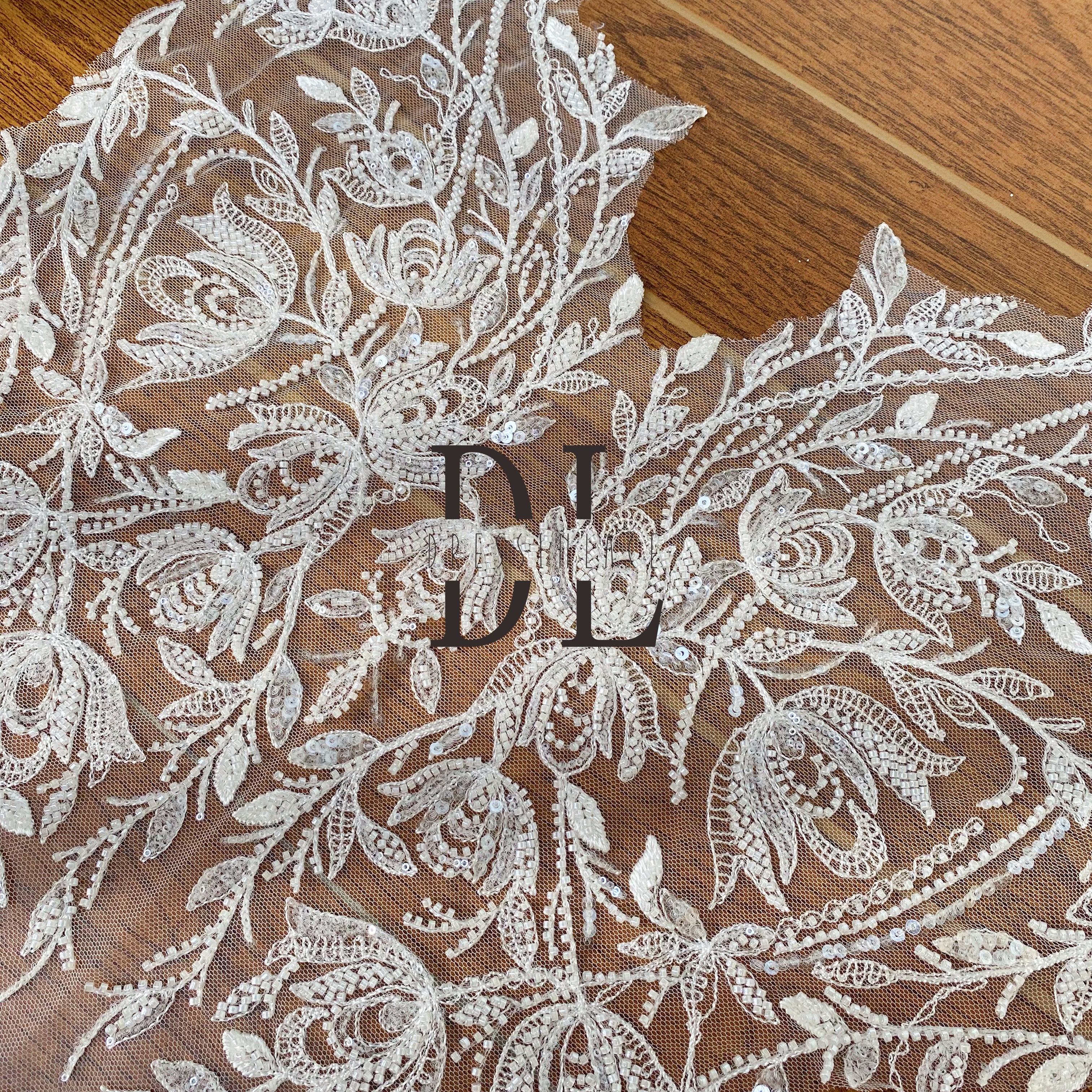 DLM2239 2023 New Design Rose Pattern Lace Applique Patch for Wedding Dress Accessories with Beads and Sparkling Glitters DLM2239