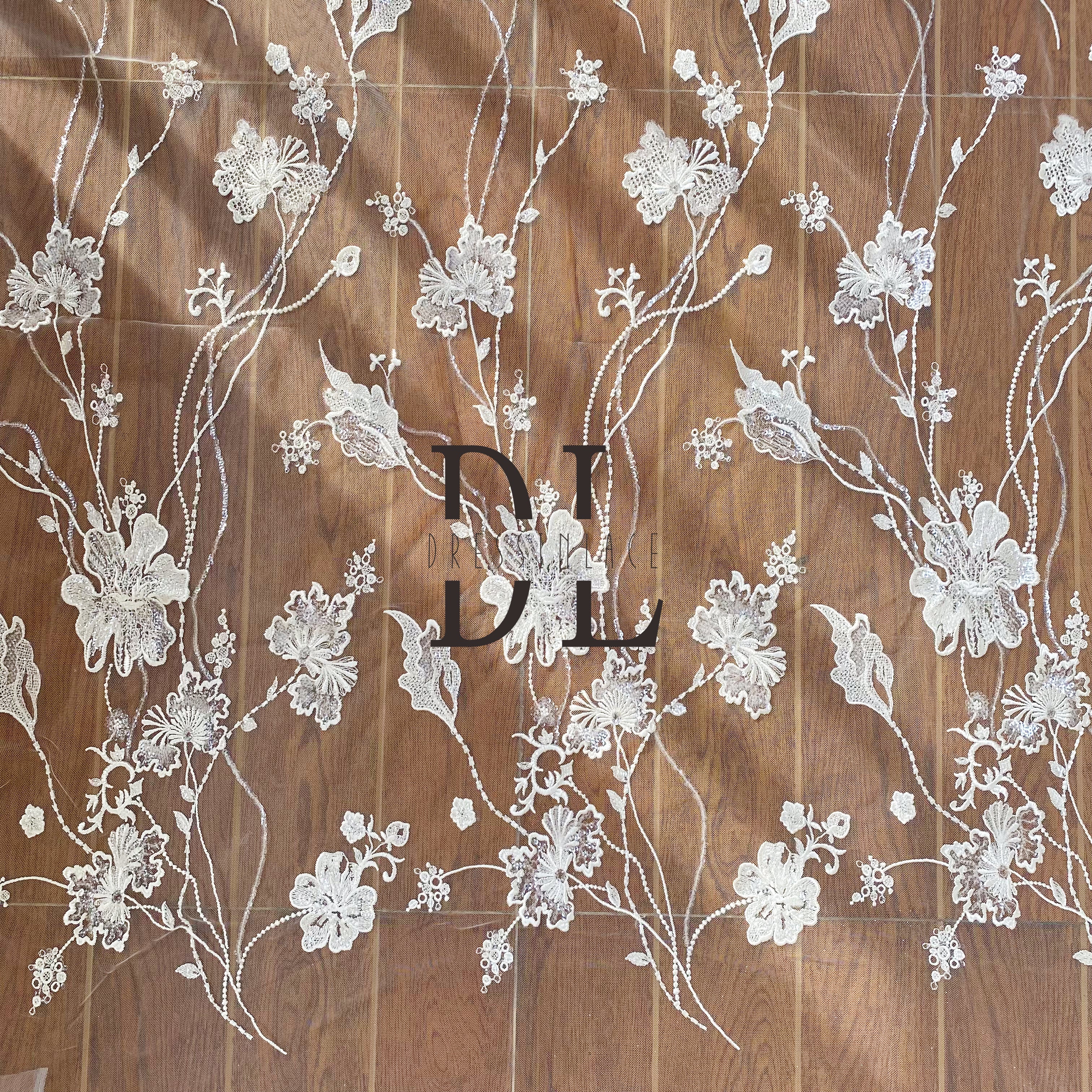 DL130126 Beautiful Embroidery Lace Fabric with Sparkling Sequins - Perfect for Wedding Gowns and DIY Craft Project