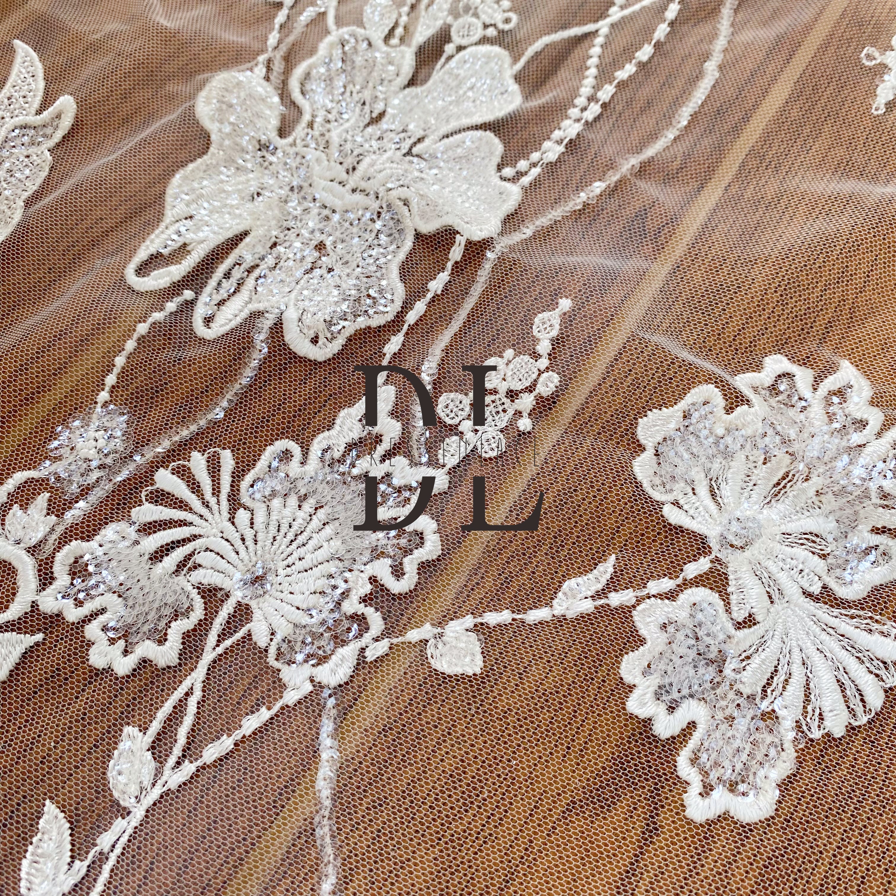 DL130126 Beautiful Embroidery Lace Fabric with Sparkling Sequins - Perfect for Wedding Gowns and DIY Craft Project