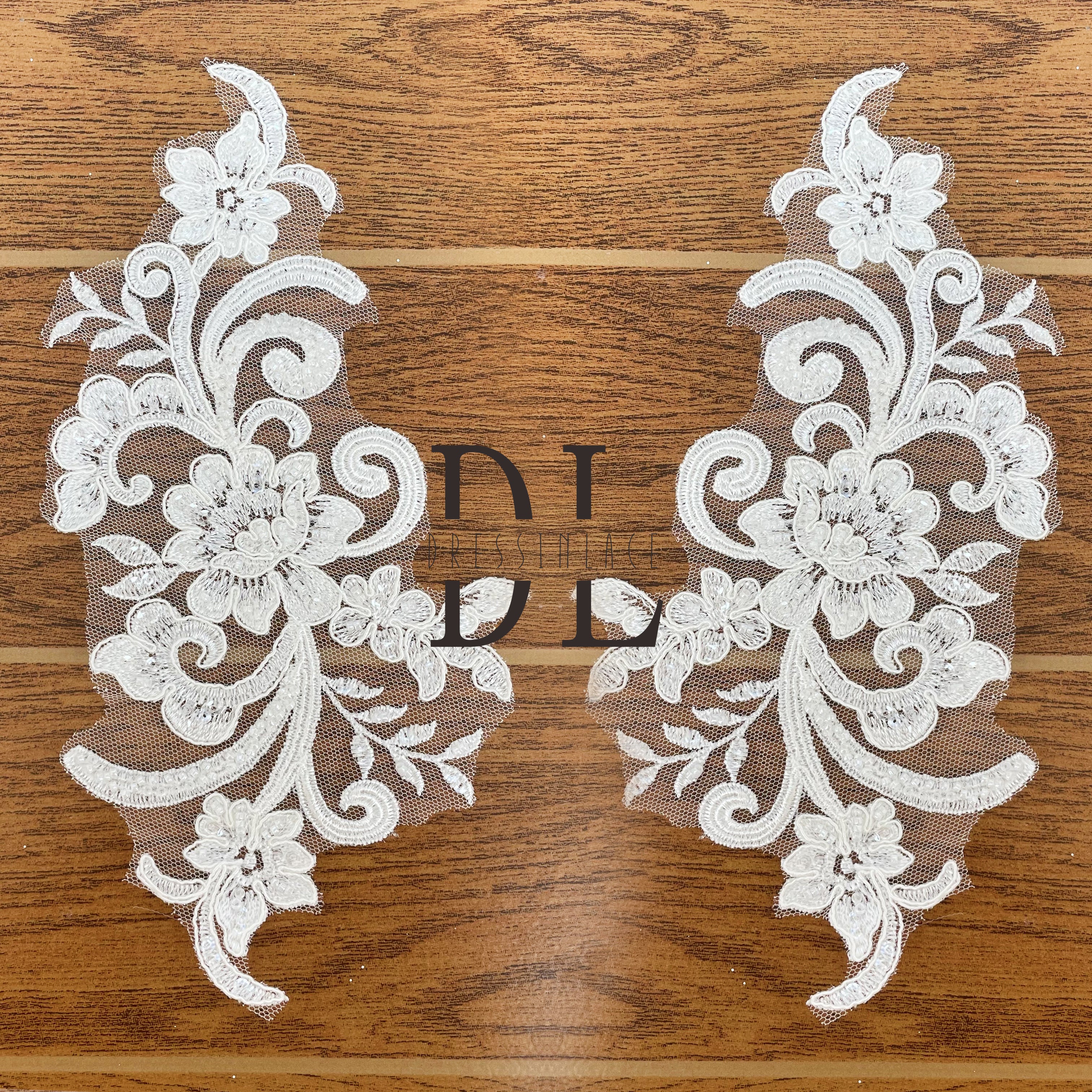 Corded Floral Applique on Mesh - Pairs