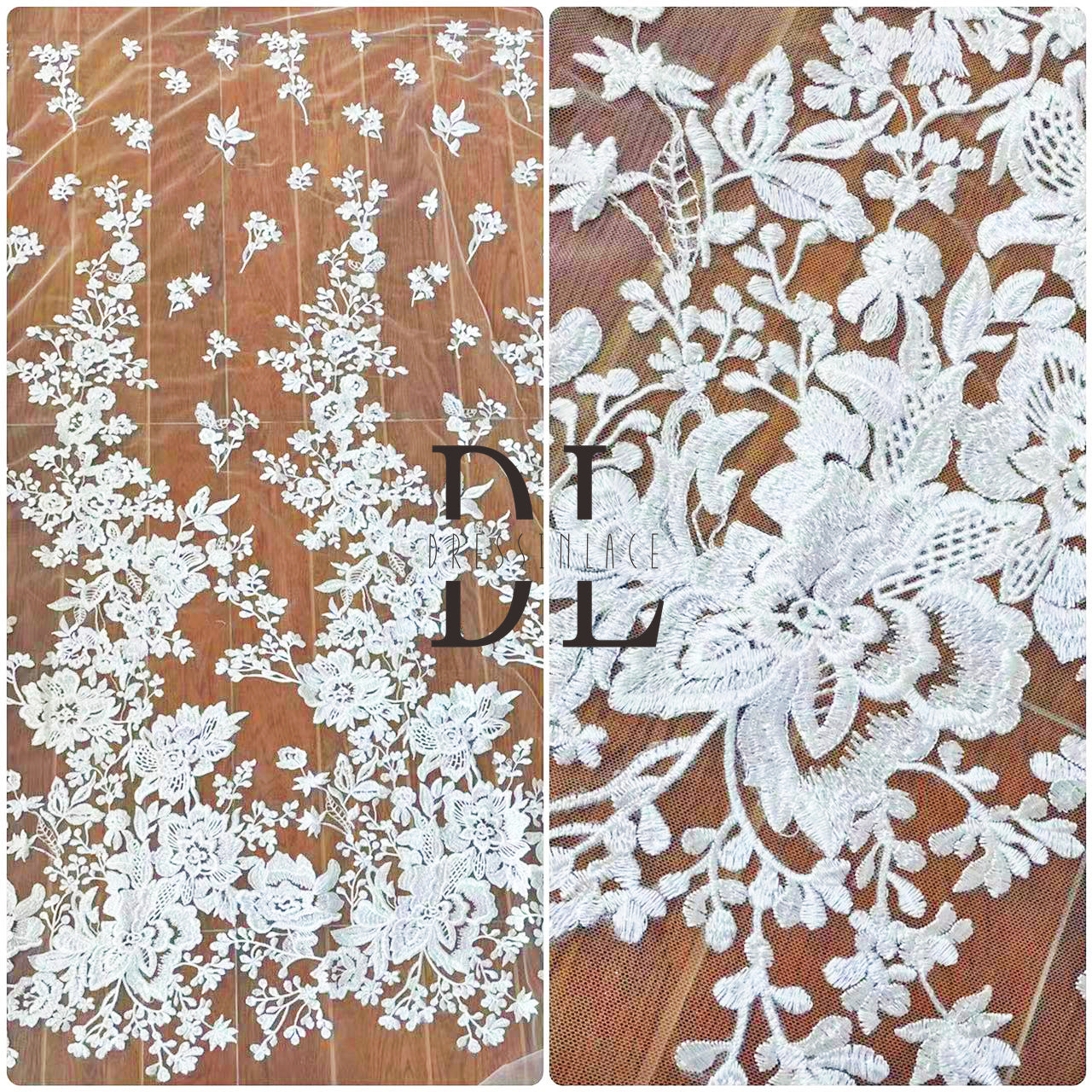 DL130085 Tessuto in pizzo con fiori ricamati e paillettes per abiti da sposa – Tessuti morbidi e delicati sulla pelle DL130085 