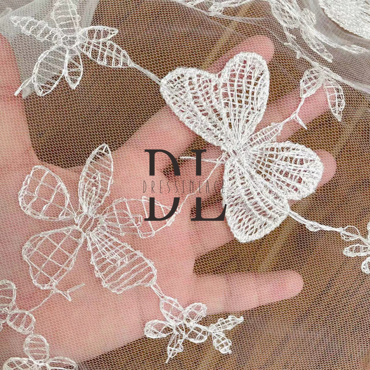 DL130114 Exquisite Flower Pattern Embroidery Lace Fabric 3D Butterfly Pattern - Polyester Material DL130114